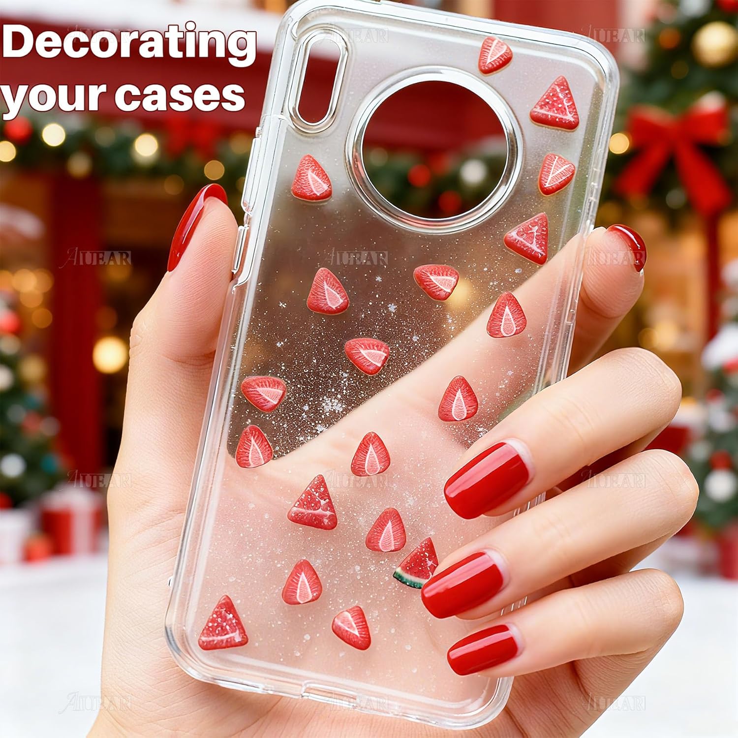 AUEAR, 100g Nail Art Decoration Strawberry Slices Cute 3D Fruit Slime Tiny Stickers Charms Bulk Resin Polymer Clay DIY Tips Mud Particles for Scrapbook Phone Case Supplies Miniature Fairy Garden Home