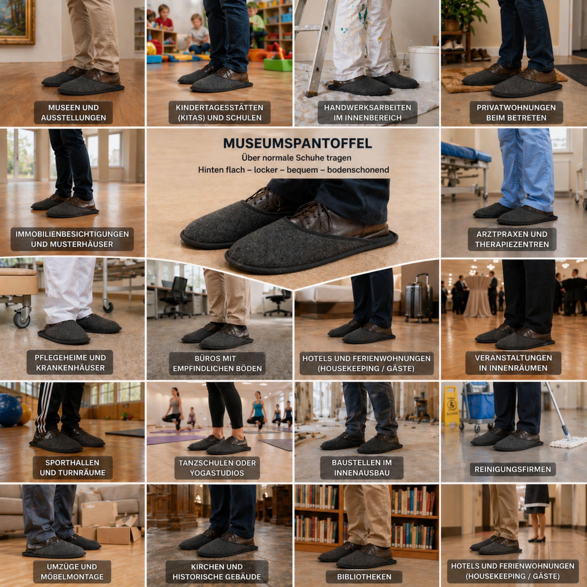 EXKLUSIV HEIMTEXTIL Museumspantoffeln aus Filz – Größe 38-47 - Handwerkerpantoffeln & Besucherschuhe mit Gummiband – Filzüberschuhe zum Bodenschutz gegen Kratzer & Schmutz 5 Paar