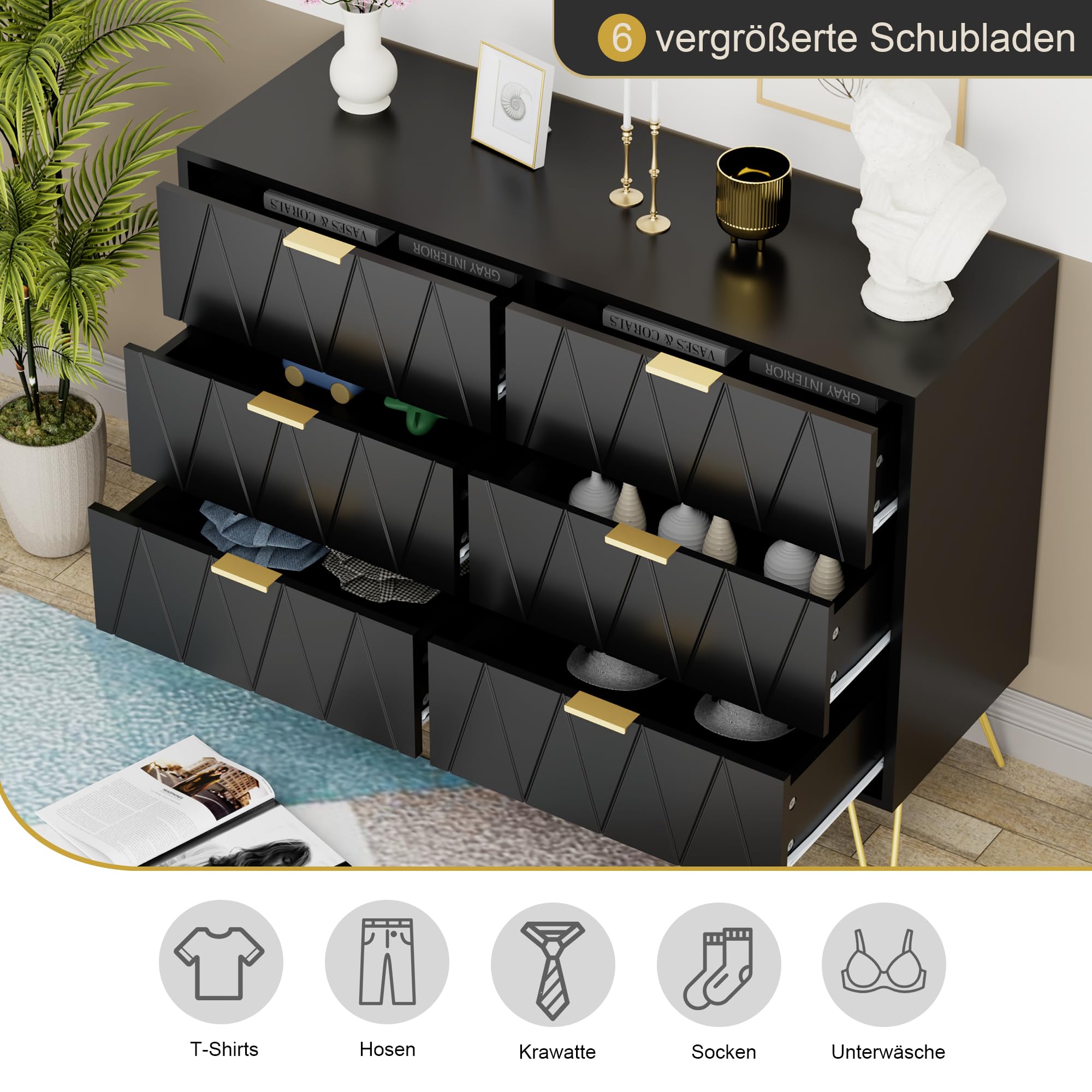 UEV Schlafzimmer Komplett-Set in schwarz, 3er-Set Schlafzimmermöbel, Kommode mit 6 Schubladen und 2er-Set Nachttisch, Goldene Griffe und Füße, Linienmuster, Skandinavisch für Wohnzimmer, Schlafzimmer
