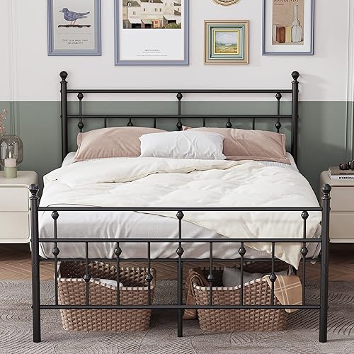 Miniatura 3 de Weehom Base de cama de tamaño matrimonial con cabecero y estribo, plataforma de metal, marco de cama debajo de la cama, diseño moderno para niños,