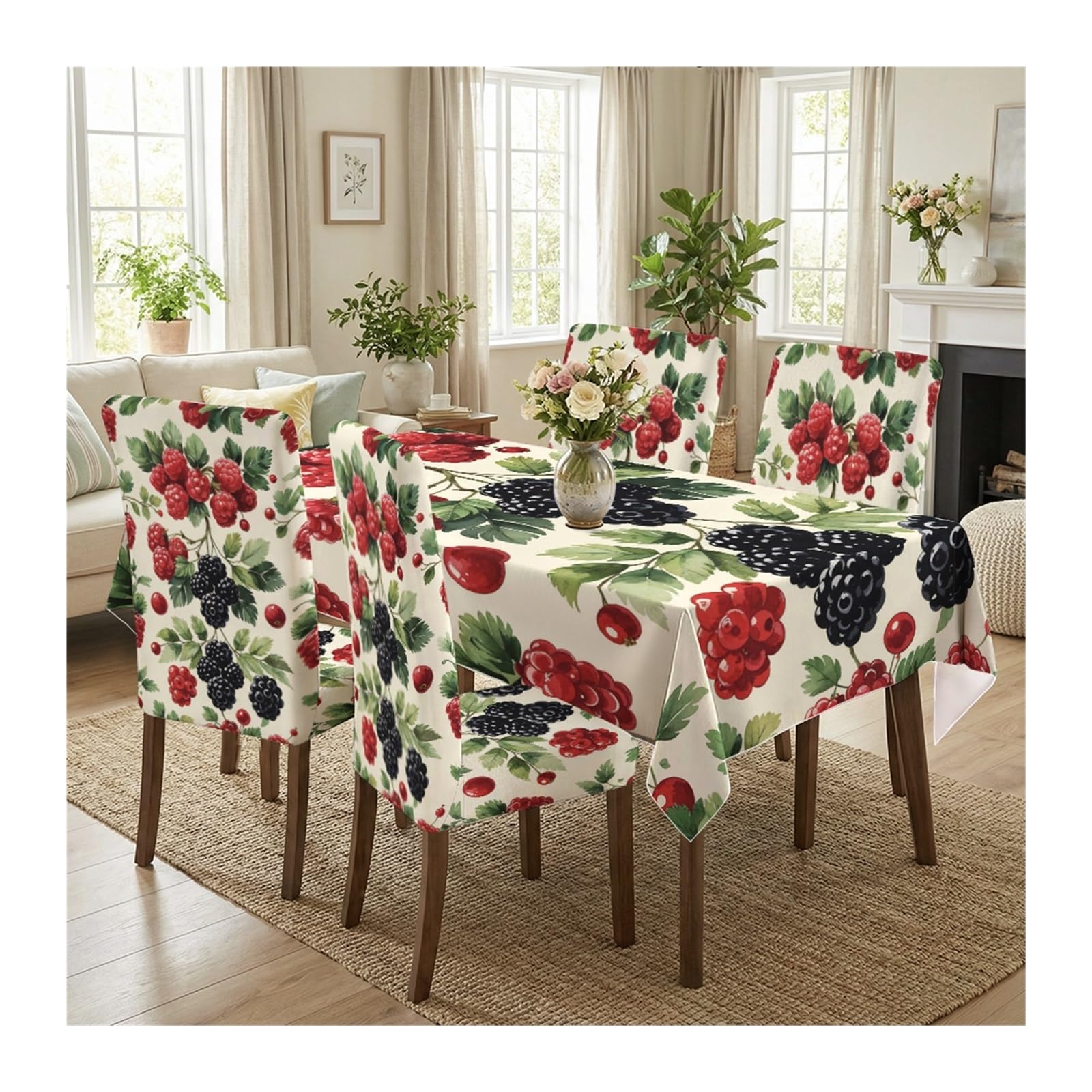KXUAUV Fresh Berry Print Tablecloth And Chair Covers Set, Stretch Slipcovers For Farmhouse Countryside Dining Room Decor, 5/7 Pack Party Decor(5pcs Set: Tablecloth+Chair Covers)