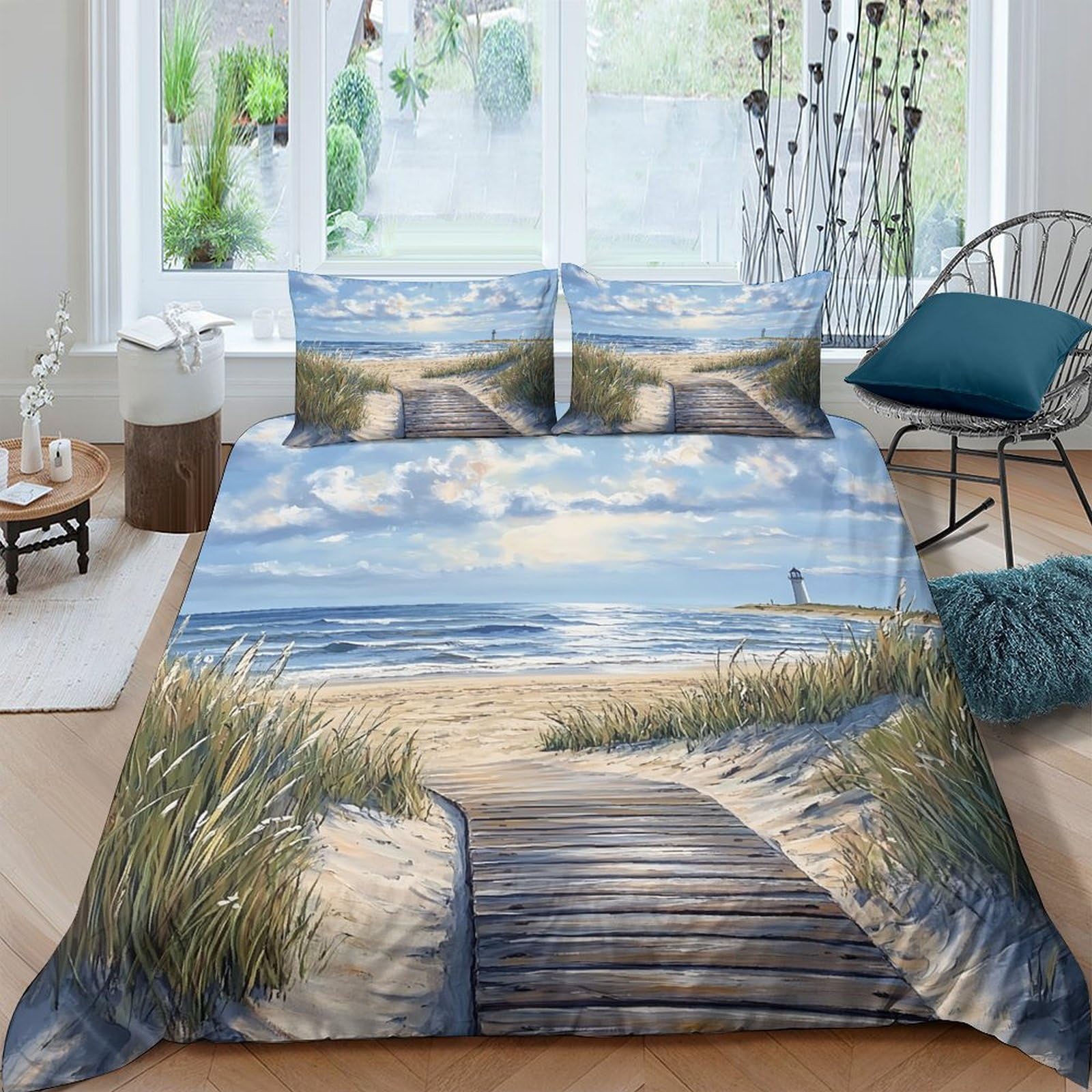 GPLZQXKJNH 3D Printed Beach Path Duvet Cover Microfiber Soft Breathable Ocean Landscape Bedding Set with 2 Pillowcases for Bedroom Décor Single（135x200cm）
