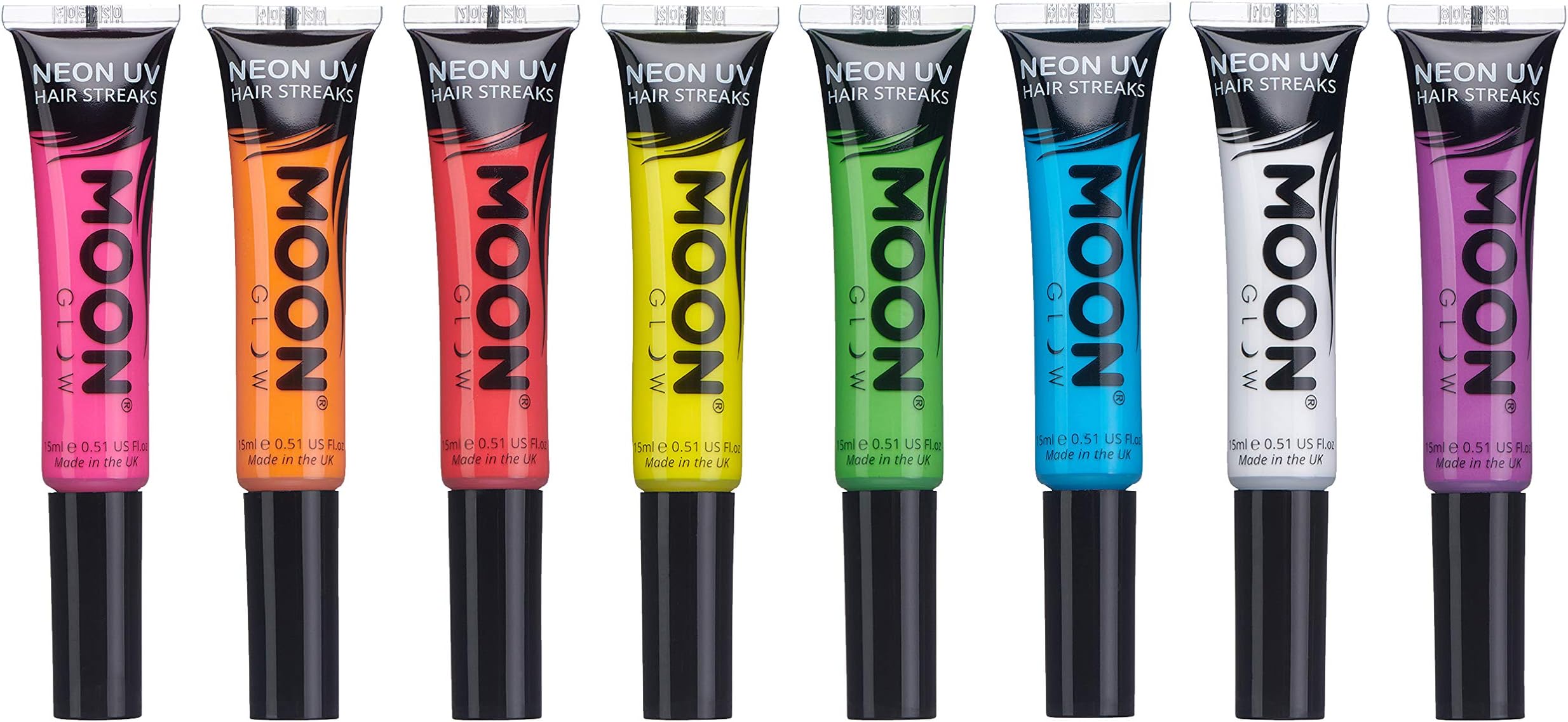 – Moon Glow Neon UV Hair Colour Streaks | Set of 8 | Hair Mascara - Temporary Wash out Hair Dye | Bright Neon Colour, Glows under UV Lighting