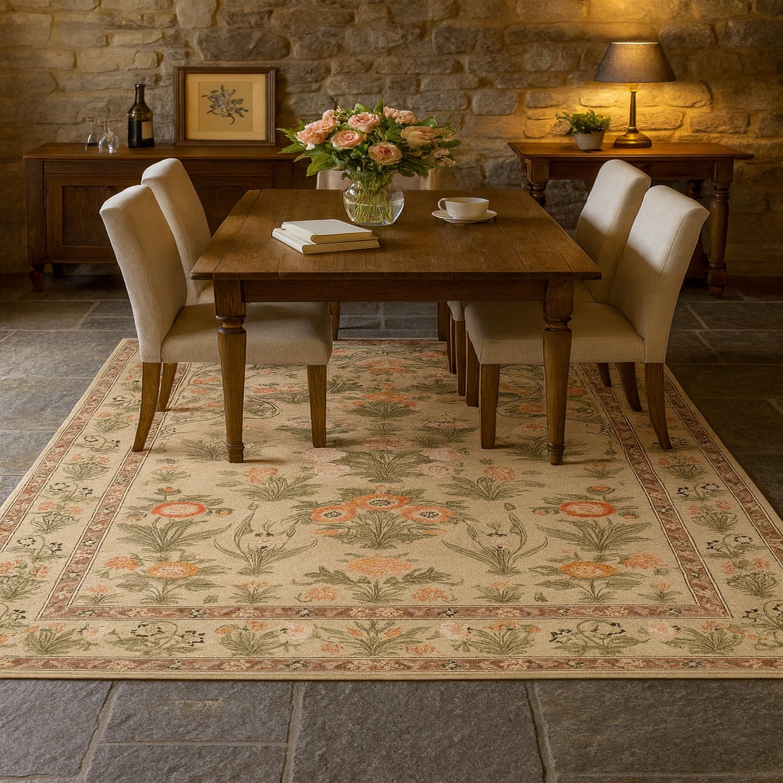 Tapis couloir antidérapant beige floral 60x120 cm lavable
