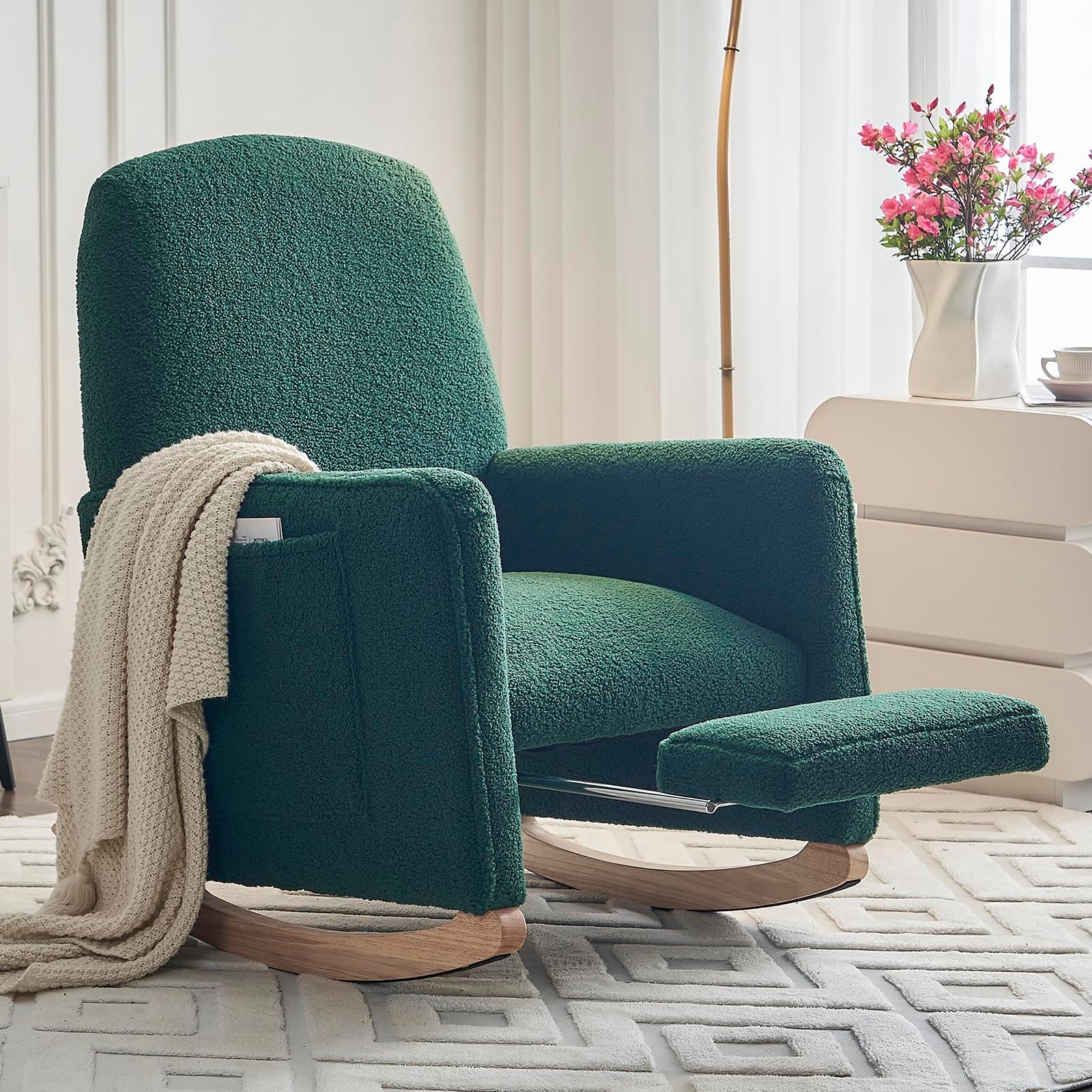 Modern Rocking Chair Nursery, Comfy Glider Nursery Chair with Foot Rest, Upholstered Rocker with Pocket, Accent Reading Armchair with Solid Wood Base for Living Room, Bedroom, Lounge Room (Green)