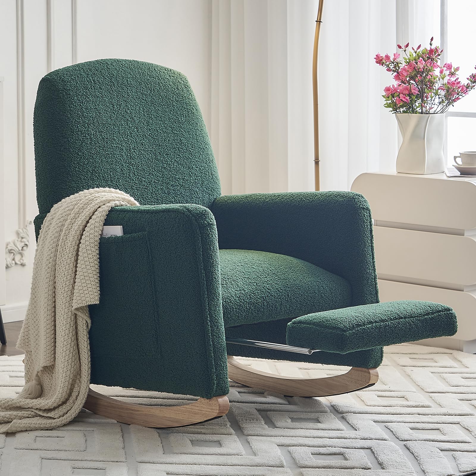 Modern Rocking Chair Nursery, Comfy Glider Nursery Chair with Foot Rest, Upholstered Rocker with Pocket, Accent Reading Armchair with Solid Wood Base for Living Room, Bedroom, Lounge Room (Green)