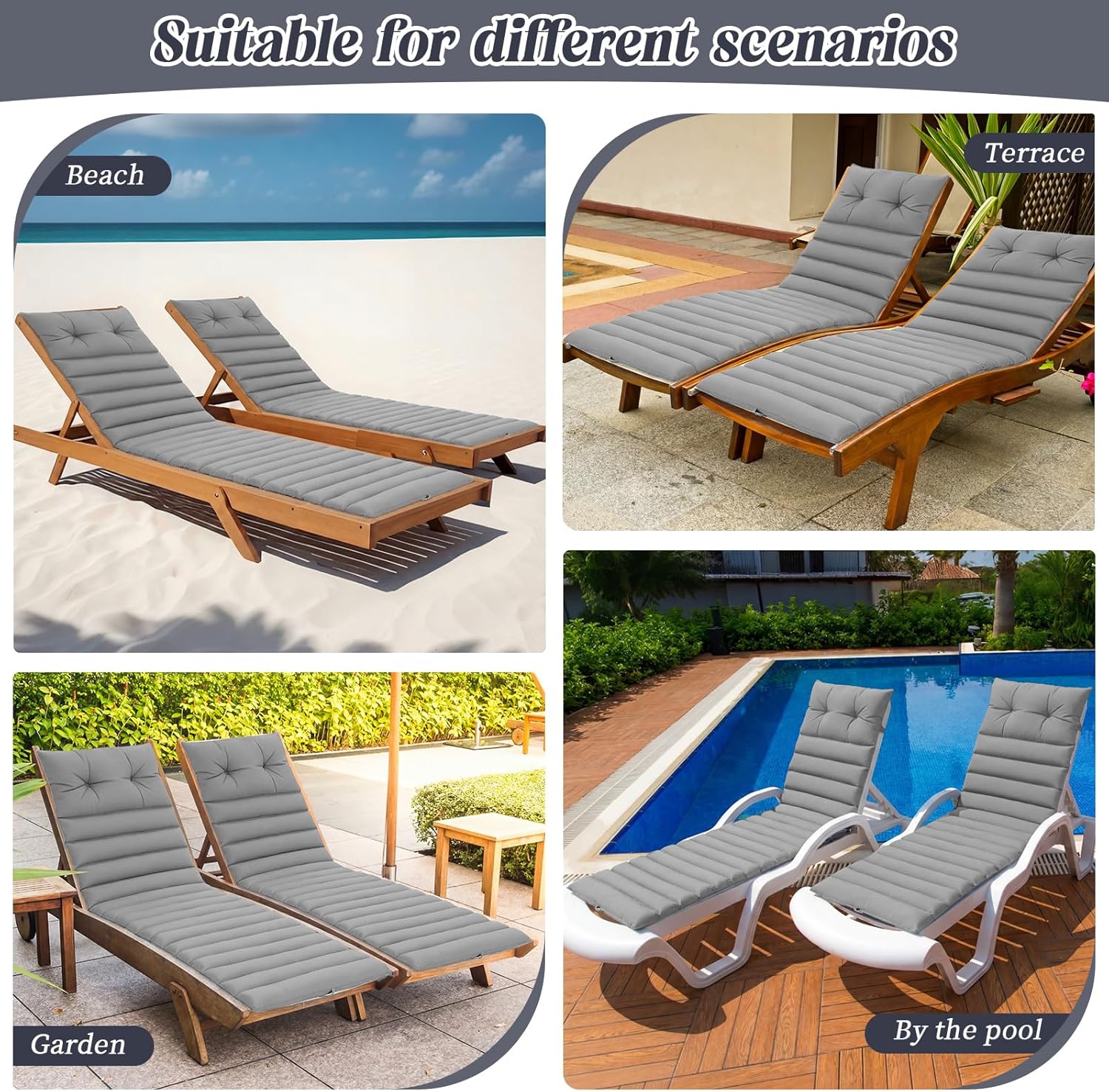 Kigley 2 Set Chaise Lounge Cushions Outdoor 72.8 x 24 x 2.3 Inches Waterproof Weather-Resistant Patio Furniture Seat Cushion Chair Pad with Fasten Straps Foldable for Garden Poolside(Light Grey)