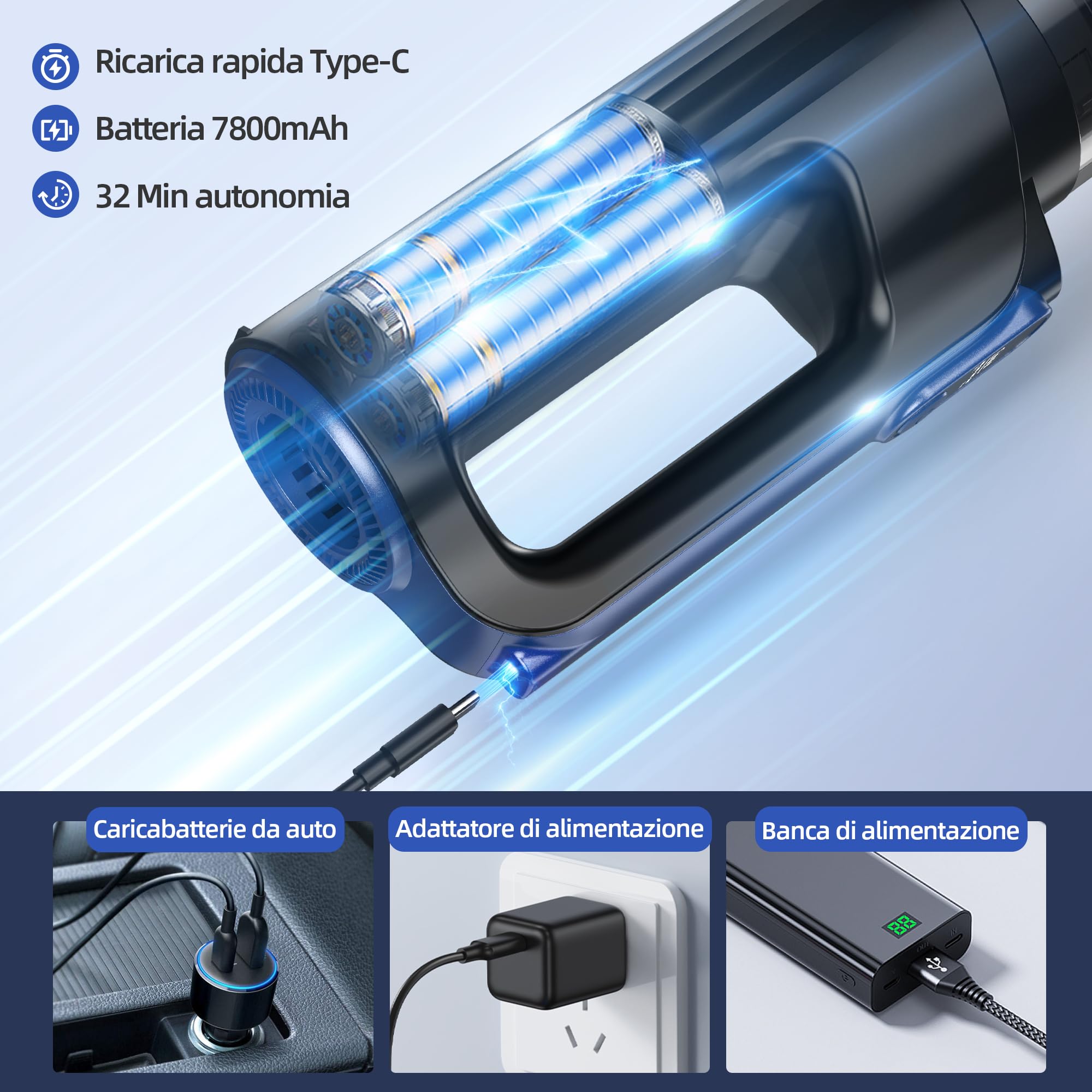 Aspirapolvere senza fili 18000Pa con luce LED, 2 in 1 aspiratore e soffiatore d'aria, motore brushless 130W, batteria 7800mAh, ricarica USB-C veloce, per auto, casa, peli animali, 7 accessori