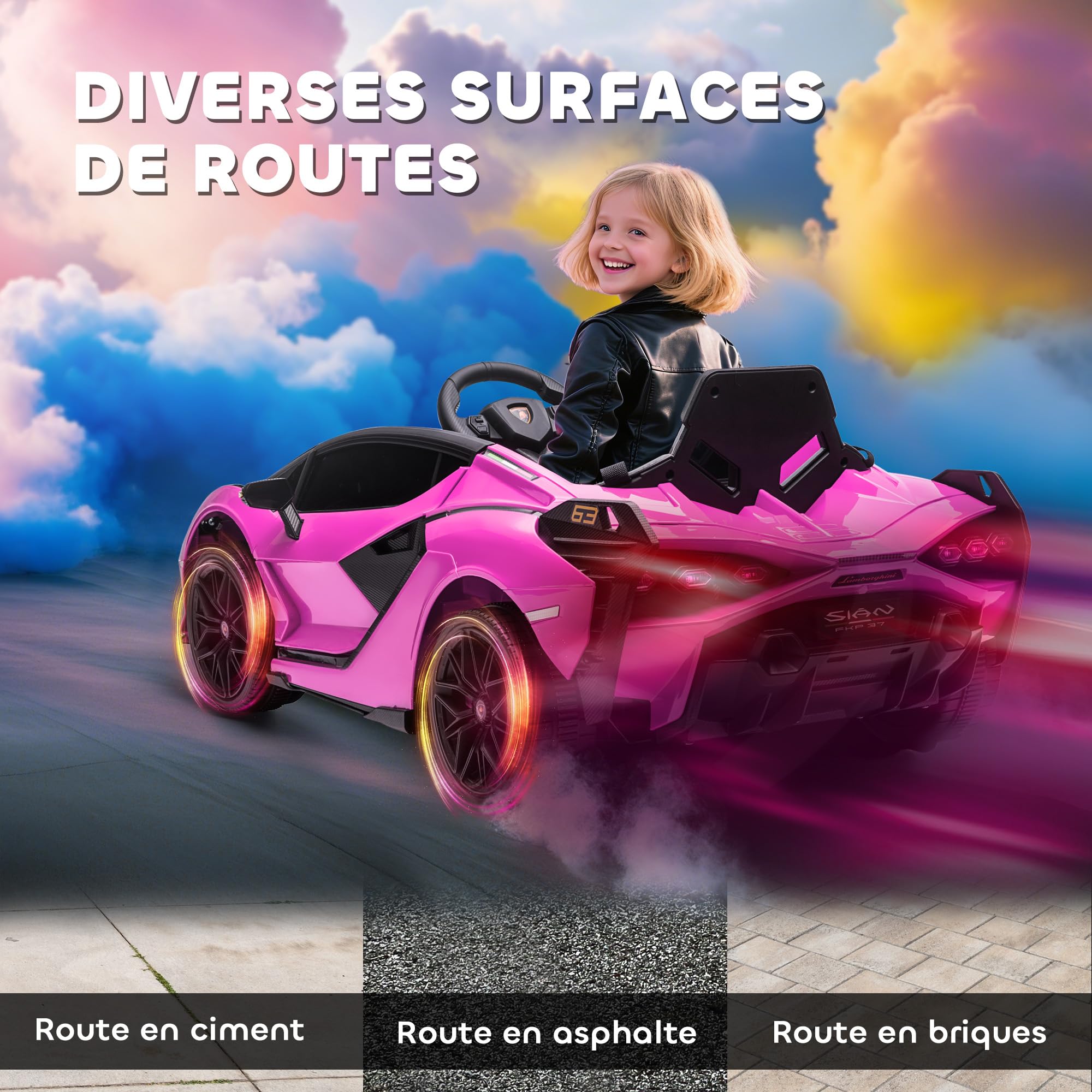 HOMCOM Voiture électrique Enfants de Sport Véhicule électrique Lamborghini Sian 12 V - V. Max. 5 Km/h avec Télécommande 2,4G Effets sonores + Lumineux Rose