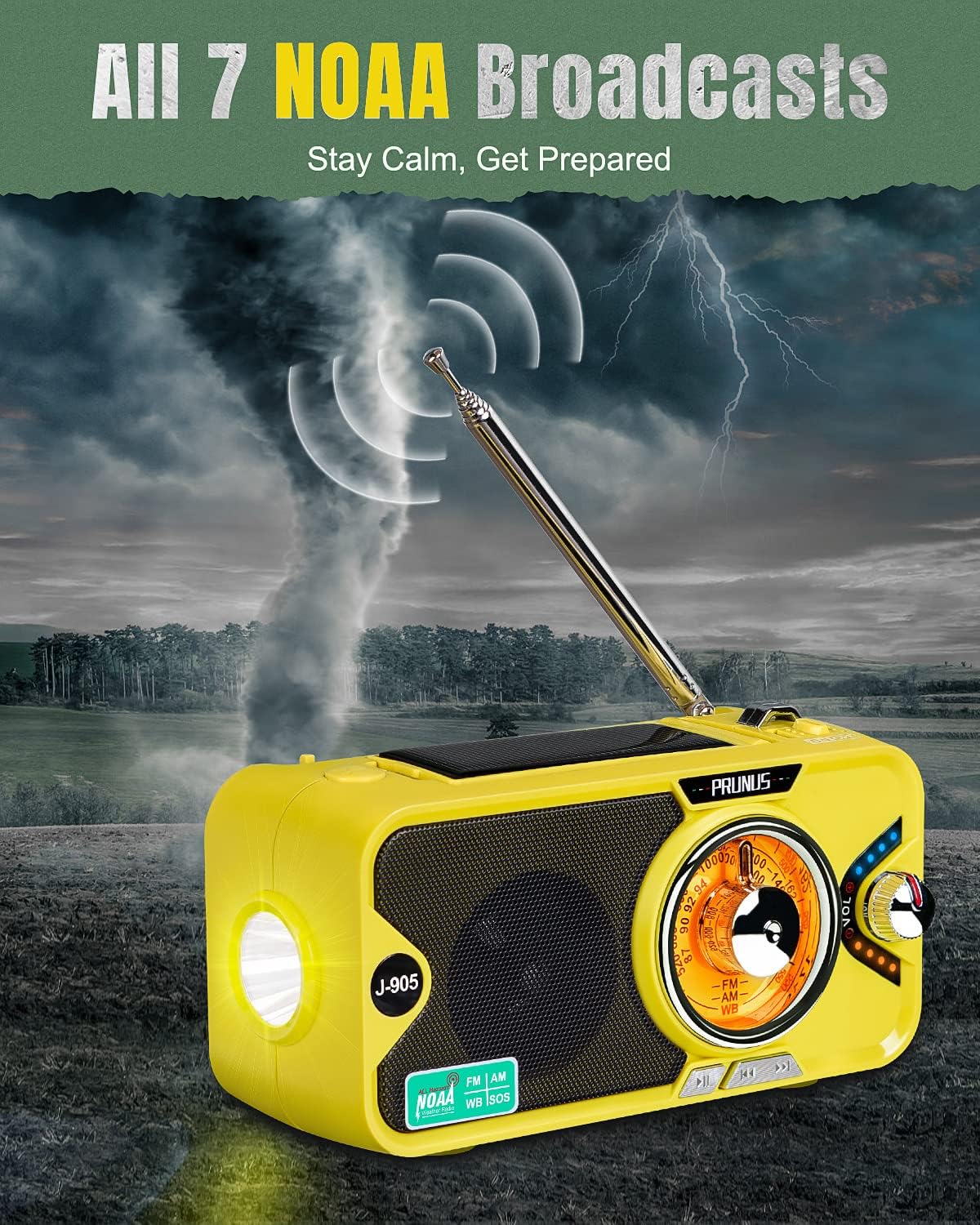 PRUNUS 3600mAh Emergency Radio Hand Crank/Solar/USB Charging, Bluetooth Speaker, Flashlight,Phone Charger,SOS Alarm, Power Bank, MP3,7 NOAA Weather Radio, Portable Radio Transistor AM FM