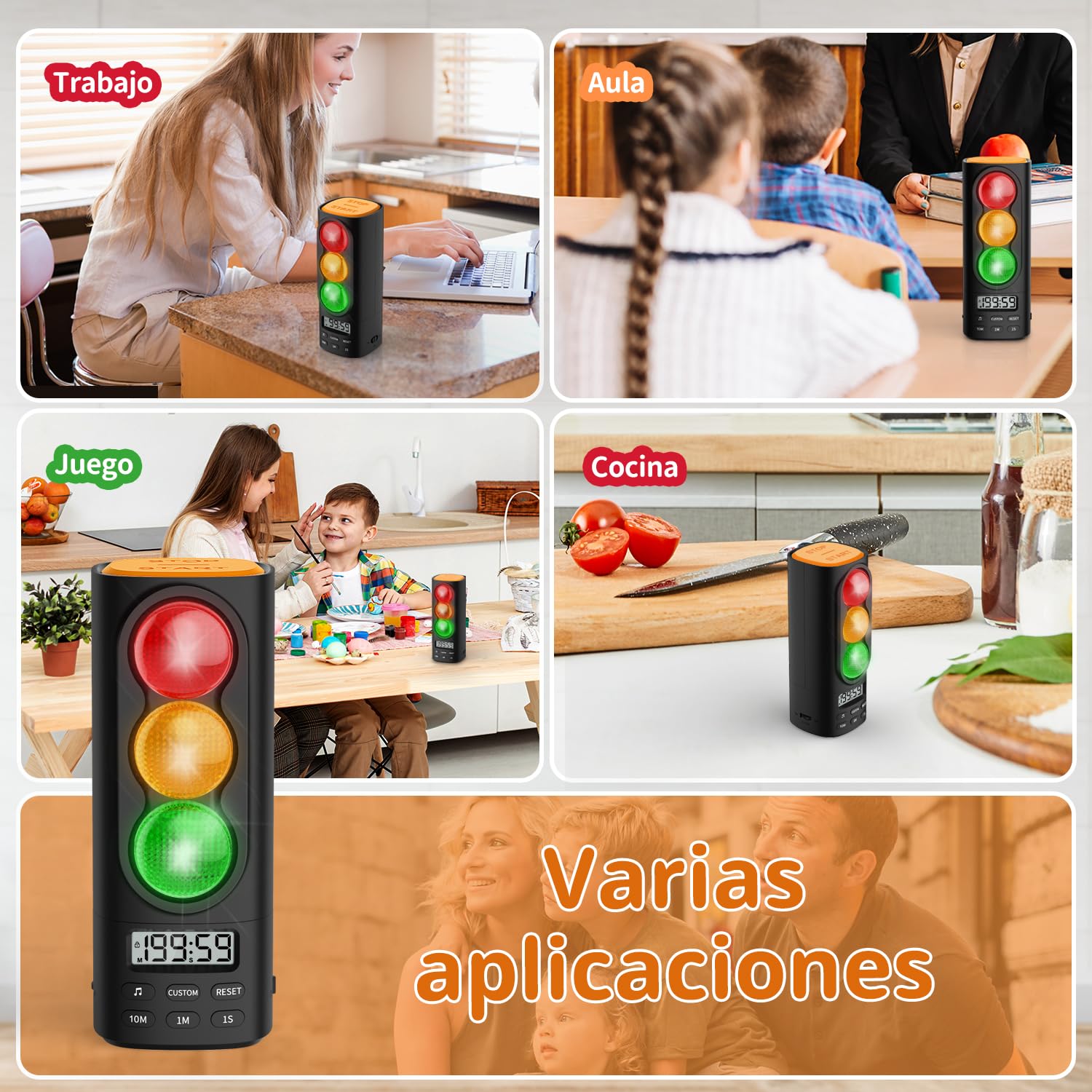 Temporizador Digital Visual y Auditivo con Semáforo, Pantalla LCD, Ajuste de Volumen, 4 Tonos para Niños, Funciones de Pausa, Memoria y Carga USB-C (Negro)