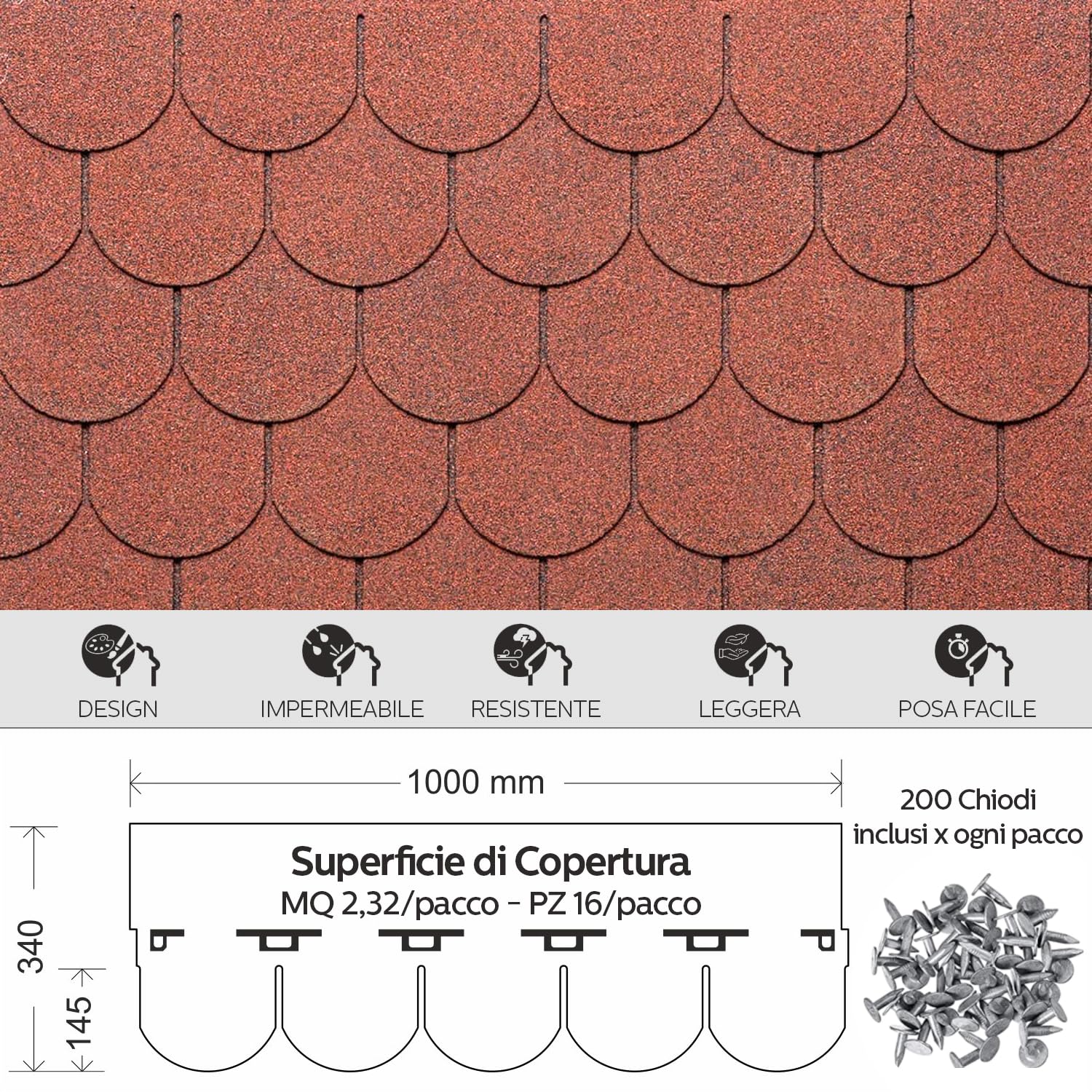 MASTERBRICO Tegole Canadesi per Tettoia Esterno 2,32 mq (16 Pz) – Tegola Canadese Bituminosa e Flessibile con Chiodi Inclusi – Facili da Installare, Resistenti a Intemperie e UV (A008)