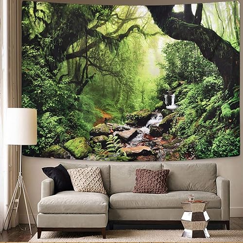 Miniatura 2 de Sevenstars Tapiz de paisaje de selva tropical para colgar en la pared, tapiz de bosque verde, tapiz de árboles de carretera, tapiz de paisaje