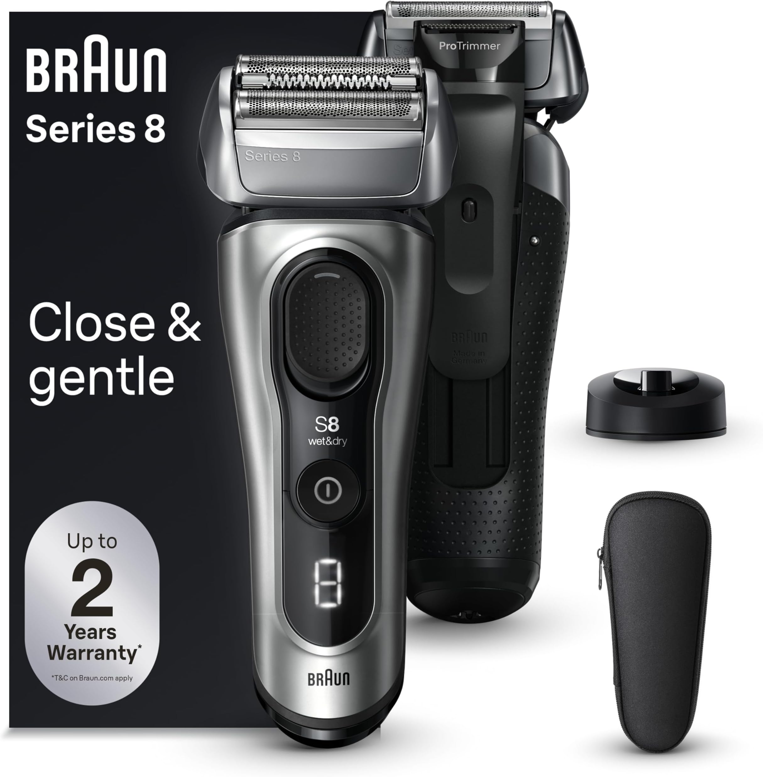 Series 8 Electric Razor for Men, with 4+1 Shaving Elements & Precision Long Hair Trimmer, Close & Gentle Even on Dense Beards, Wet & Dry Electric Razor with 60min Runtime, 8517s Galvano Silver