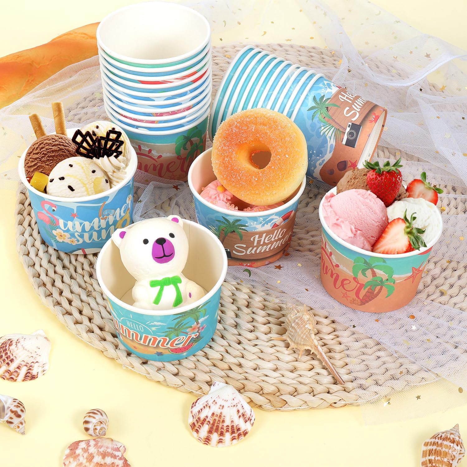 HOWAF 24pcs Summer Pool Beach Themed Ice Cream Bowls Tiki Luau Party Supplies Disposable Treat Snack Cups Hawaiian Aloha Tropical 8 oz Paper Dessert Bowls for summer Pool Party Supplies Favors
