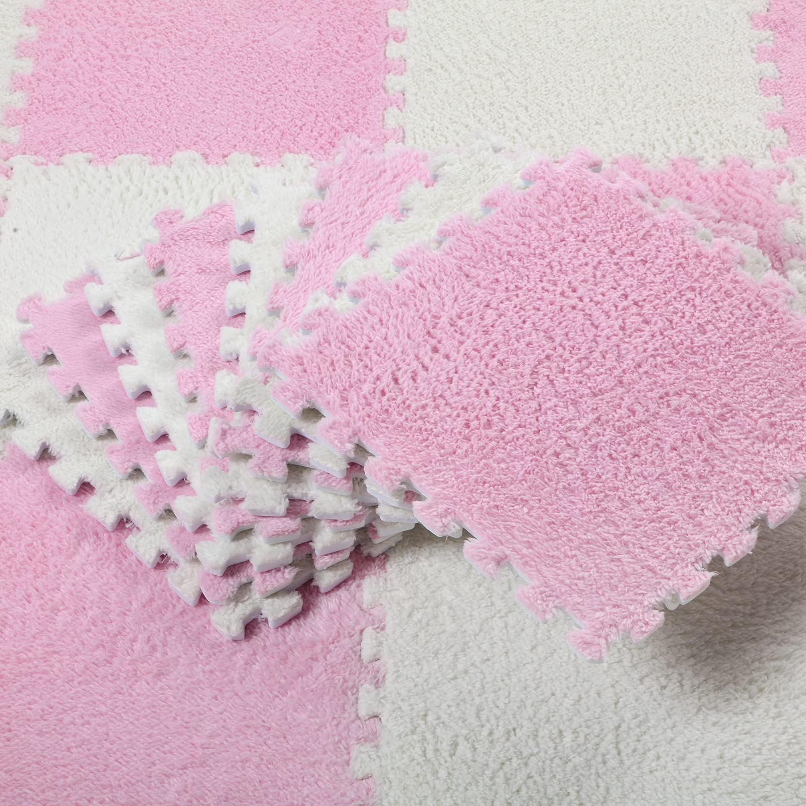 LENDIS 12 pack Tile Interlocking Rug Tile Soft Fluffy Baby Play Mat Short Coral Wool Foam Puzzle Kids Floor Mat Kids Toddler Play Area Home Bedroom Living Room (Pink+White)