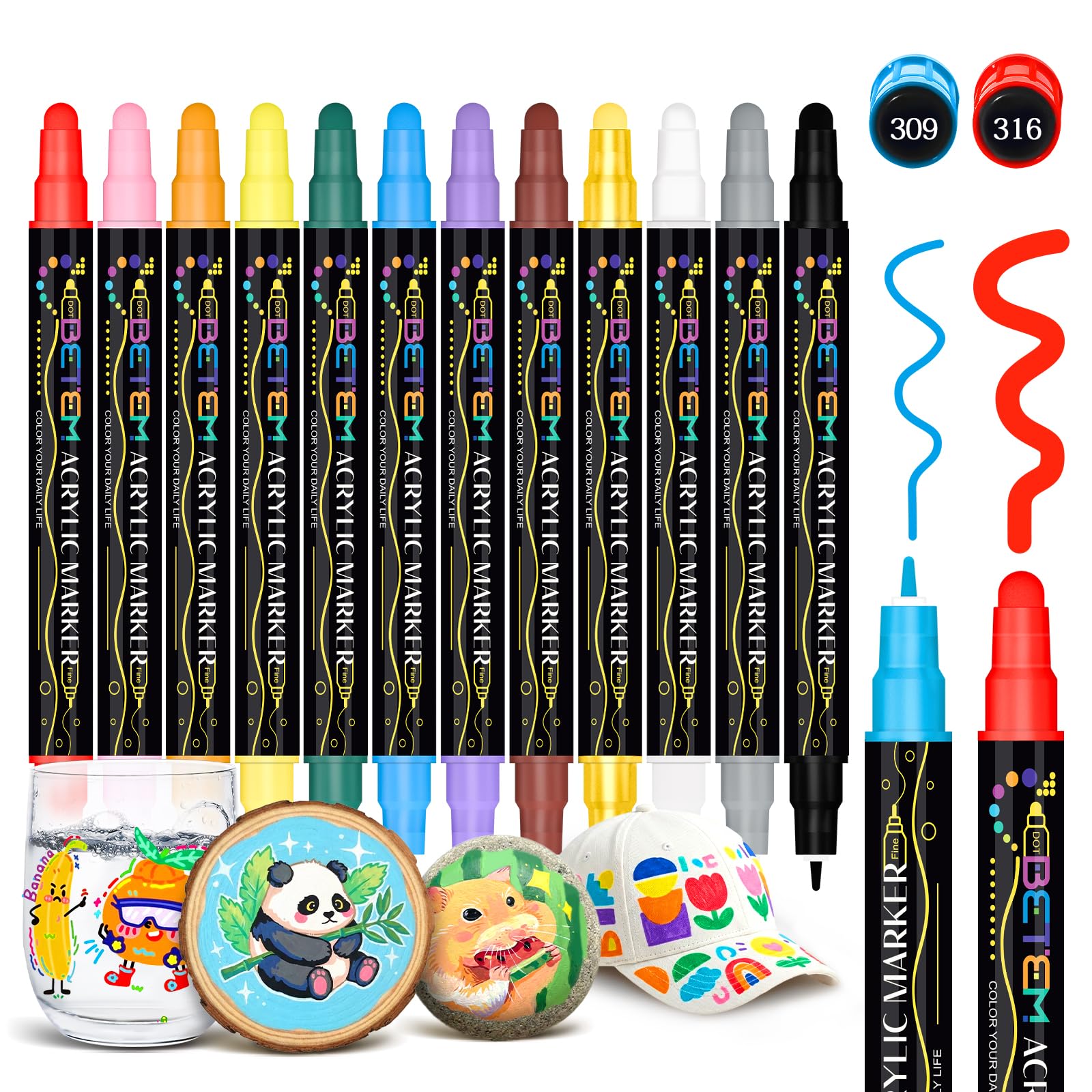 Betem 12 Colors Dual Tip Acrylic Paint Pens Markers, Premium Acrylic Paint Markers Stocking Stuffers for Rock, Wood, Fabric, Glass, Canvas, Ceramic, Christmas Gifts for Teens DIY Crafts Art Supplies