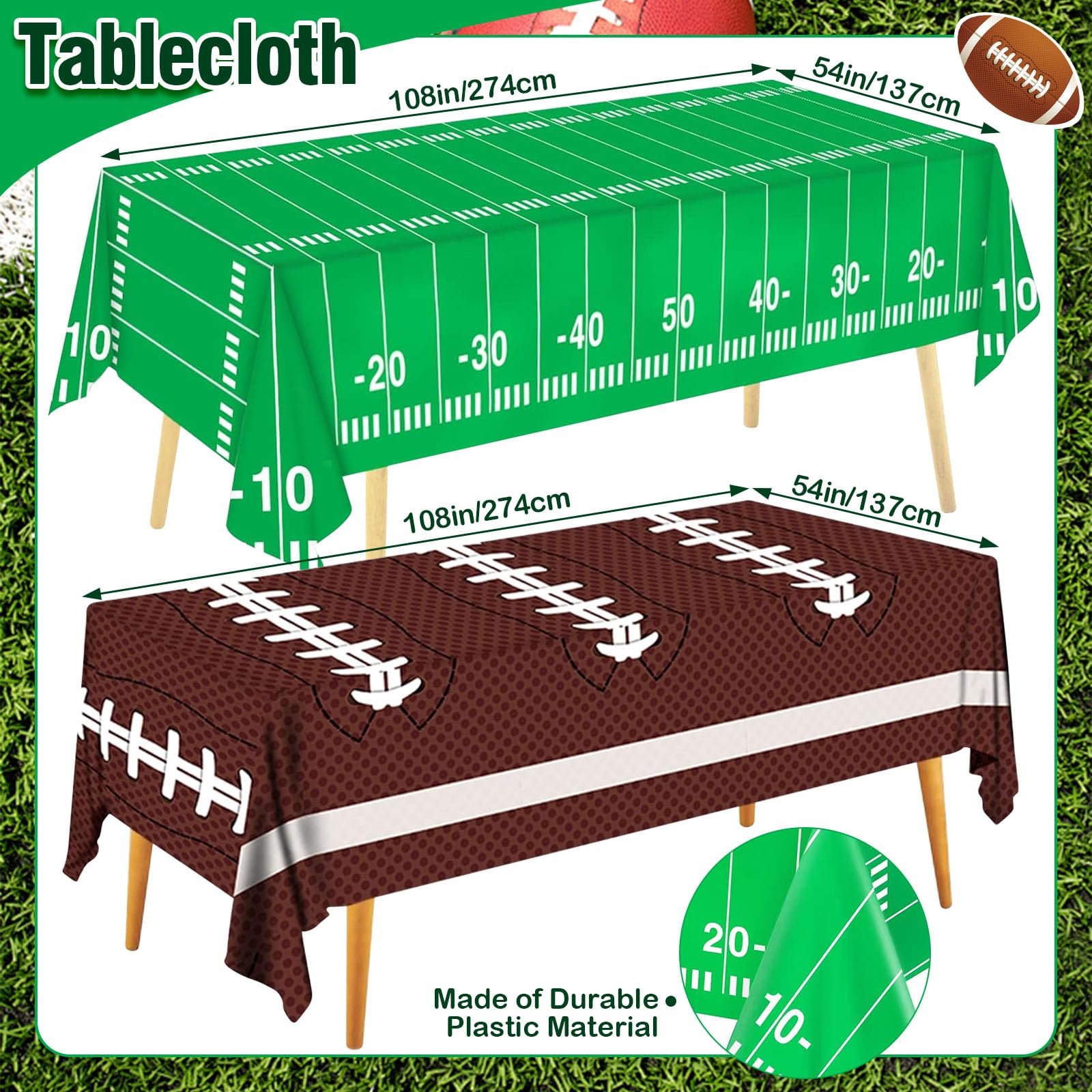 Football Party Decorations Disposable Tablecloth Plastic Touchdown Table Cover for Super Bowl Football Birthday Party Decorations and Games Tailgate Decorations 54 X 108Inch, 2 Pack