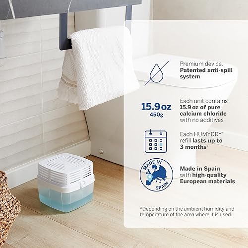 Miniatura 4 de HUMYDRY Dispositivo deshumidificador absorbente de humedad para el hogar, paquete premium de 1 dispositivo de 15.9 onzas con 3 recambios premedidos,