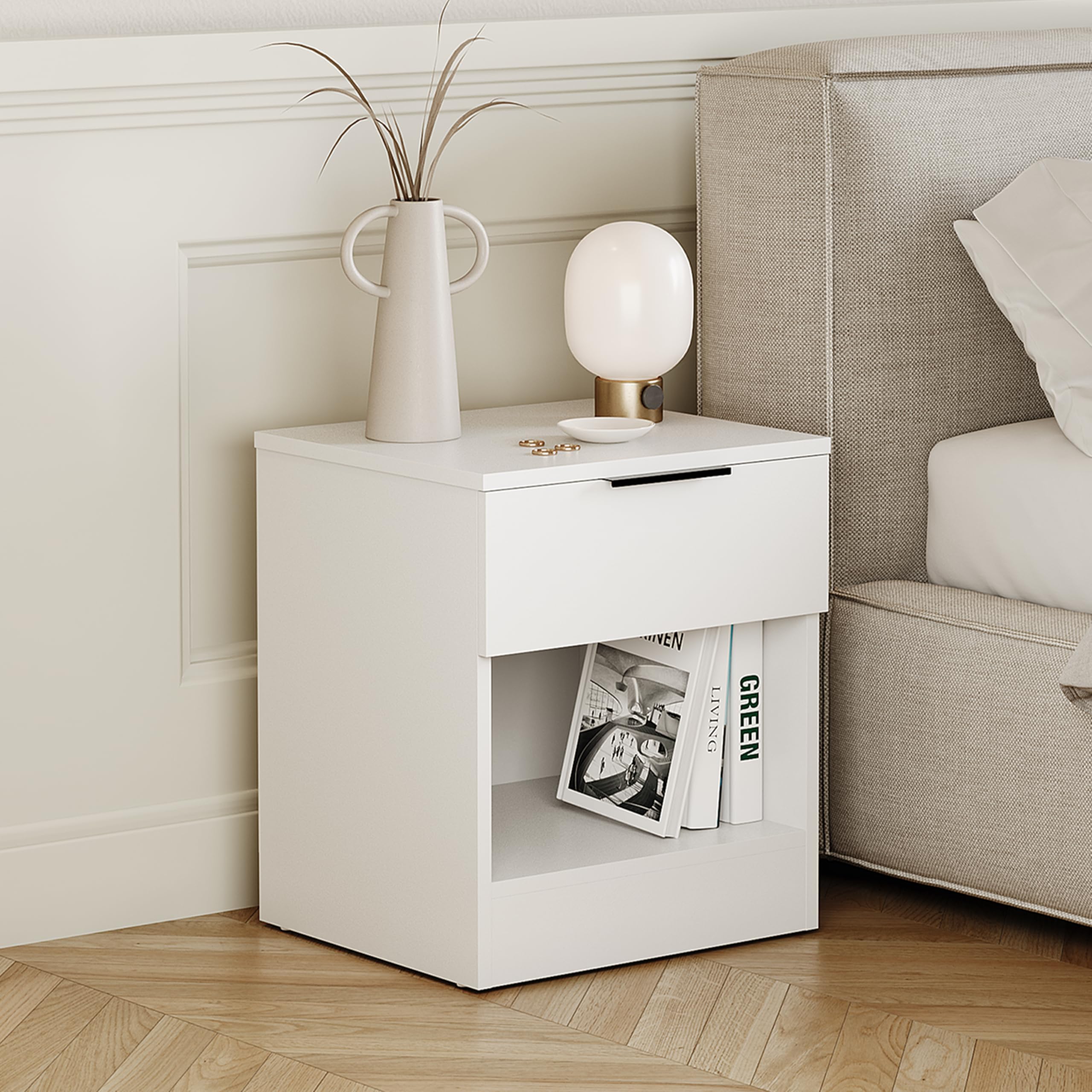 Vida Designs Trega 1 Drawer Bedside Cabinet White - Compact Space-Saving Nightstand - 41H x 39W x 28D cm - Engineered Wood - Smooth Glide Drawer, Modern Black Handle - Ideal for Bedroom & Guest Room — image 1