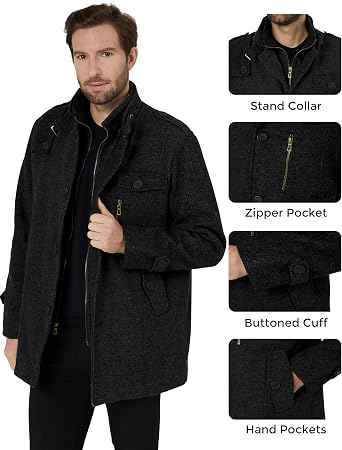 wantdo Men's Wool Blend Jacket Stand Collar Windproof Pea Coat