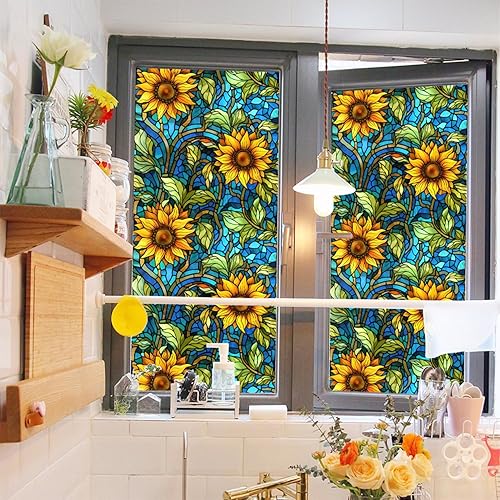 Miniatura 2 de Película de privacidad de girasoles para vitral, película de privacidad no adhesiva, película de vidrieras para baño, ducha, puerta, calor, anti UV,