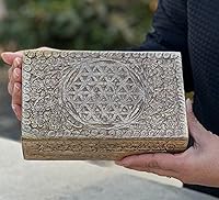 DharmaObjects Large Hand-Carved Flower of Life Wooden Jewelry Box - Eco-Sustainable Mango Wood Trinket Storage (8x5x3")
