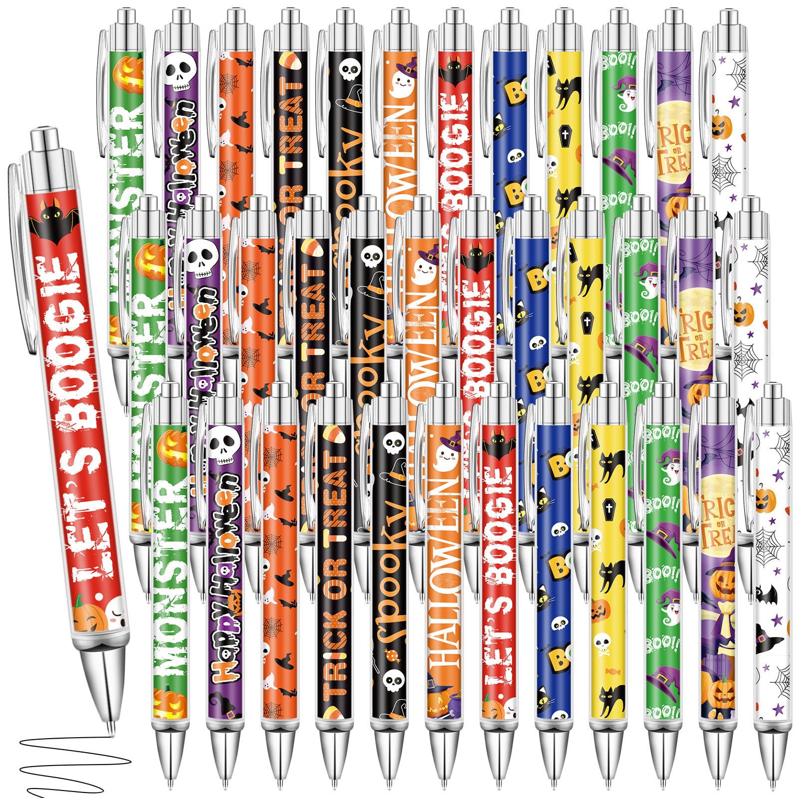 Dispowreath 48 Pcs Halloween Pens Bulk Trick or Treat Retractable Gel Ink Ballpoint Pens Horror Monster Skull Pumpkin Spooky Ghost Gifts for School