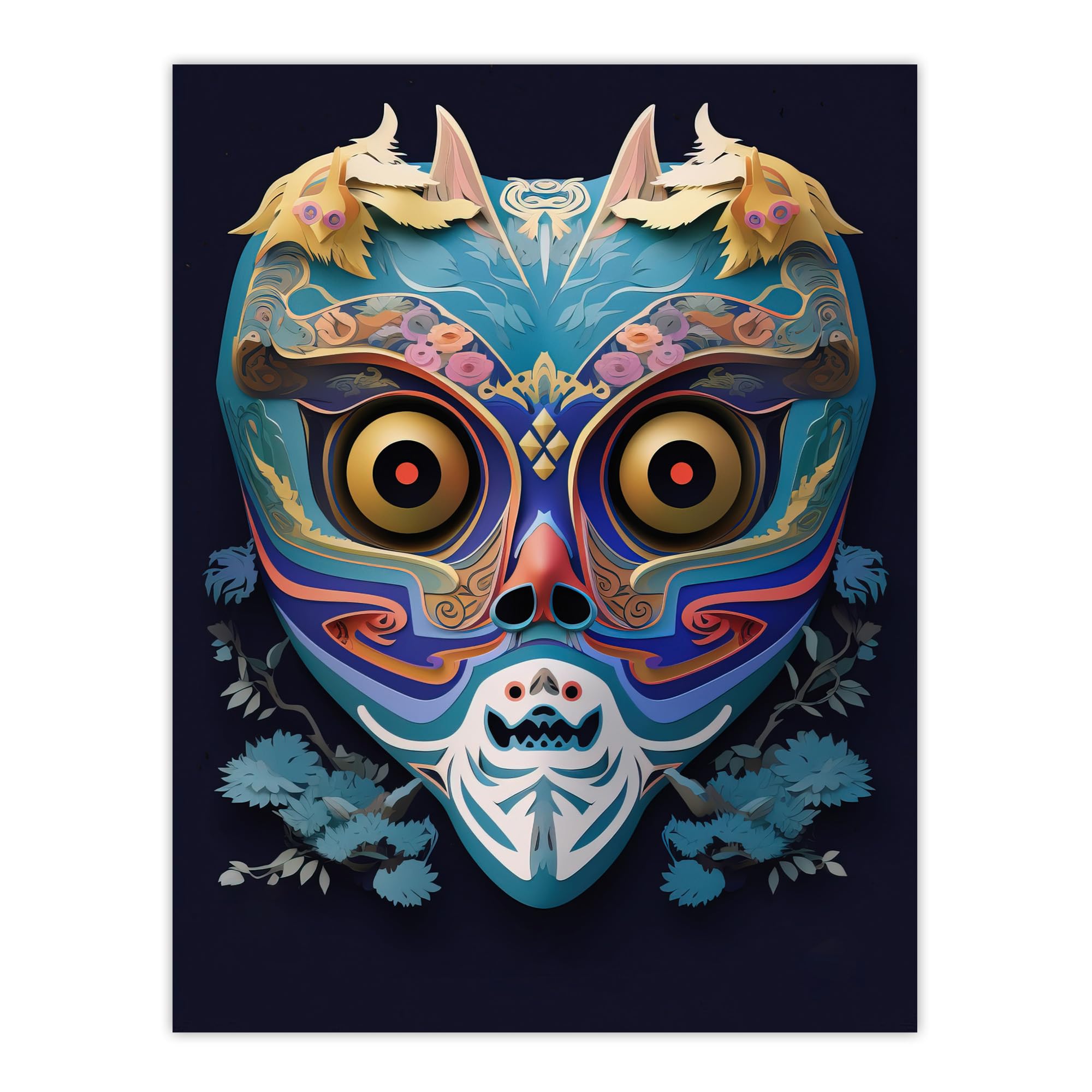 Artery8 Noh Theatre Mask Painting Colourful Intricate Details Floral Designs Supernatural Japanese Creature Portrayal Forest Deity Role Extra Large XL Wall Art Poster Print