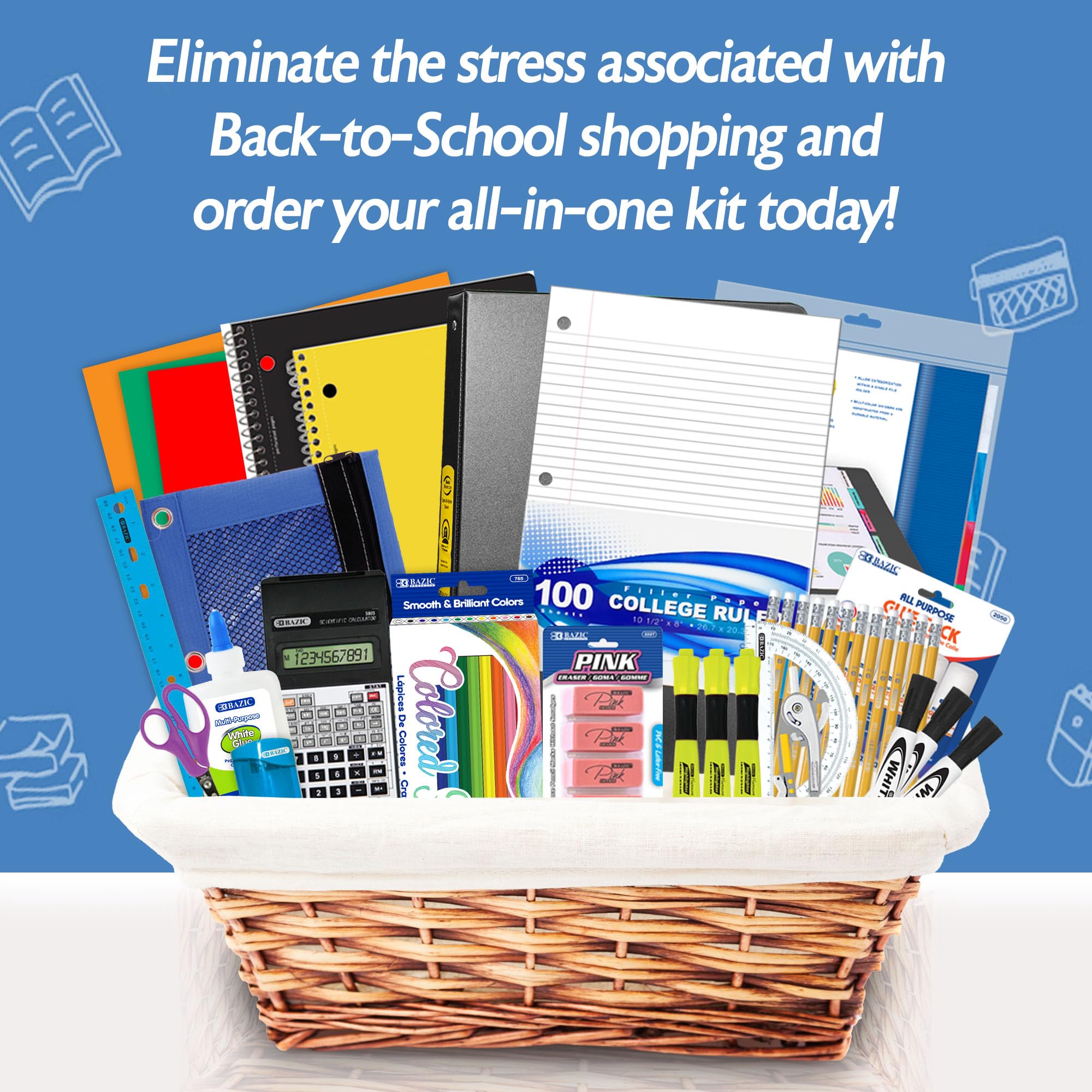 BAZIC PRODUCTS Middle & High School Kit Supply Box, 65-Count Student Set for Grade 7-12, Complete School Supply Kit with Middle School Supplies, Organized Supply Box for Highschool, 1-Pack