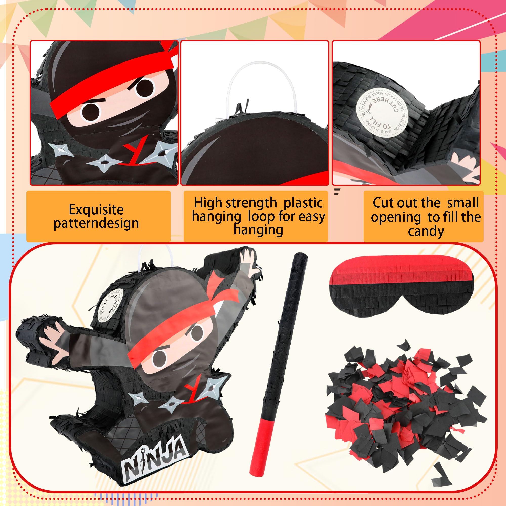 Black Ninja Pinata Ninja-Themed Piñata Bundle Paper Cool Warrior Design Pinata with Stick Blindfold Confetti for Birthday Party Decor Props - Image 3