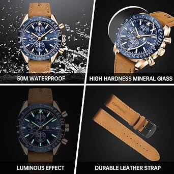 BENYAR Mens Watches Analog Quartz Chronograph Waterproof Luminous Men's Wrist Watches Business Casual Fashion Designer Big Face Dress Watch
