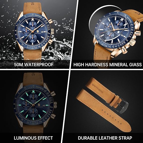 BENYAR Mens Watches Analog Quartz Chronograph Waterproof Luminous Men's Wrist Watches Business Casual Fashion Designer Big Face Dress Watch
