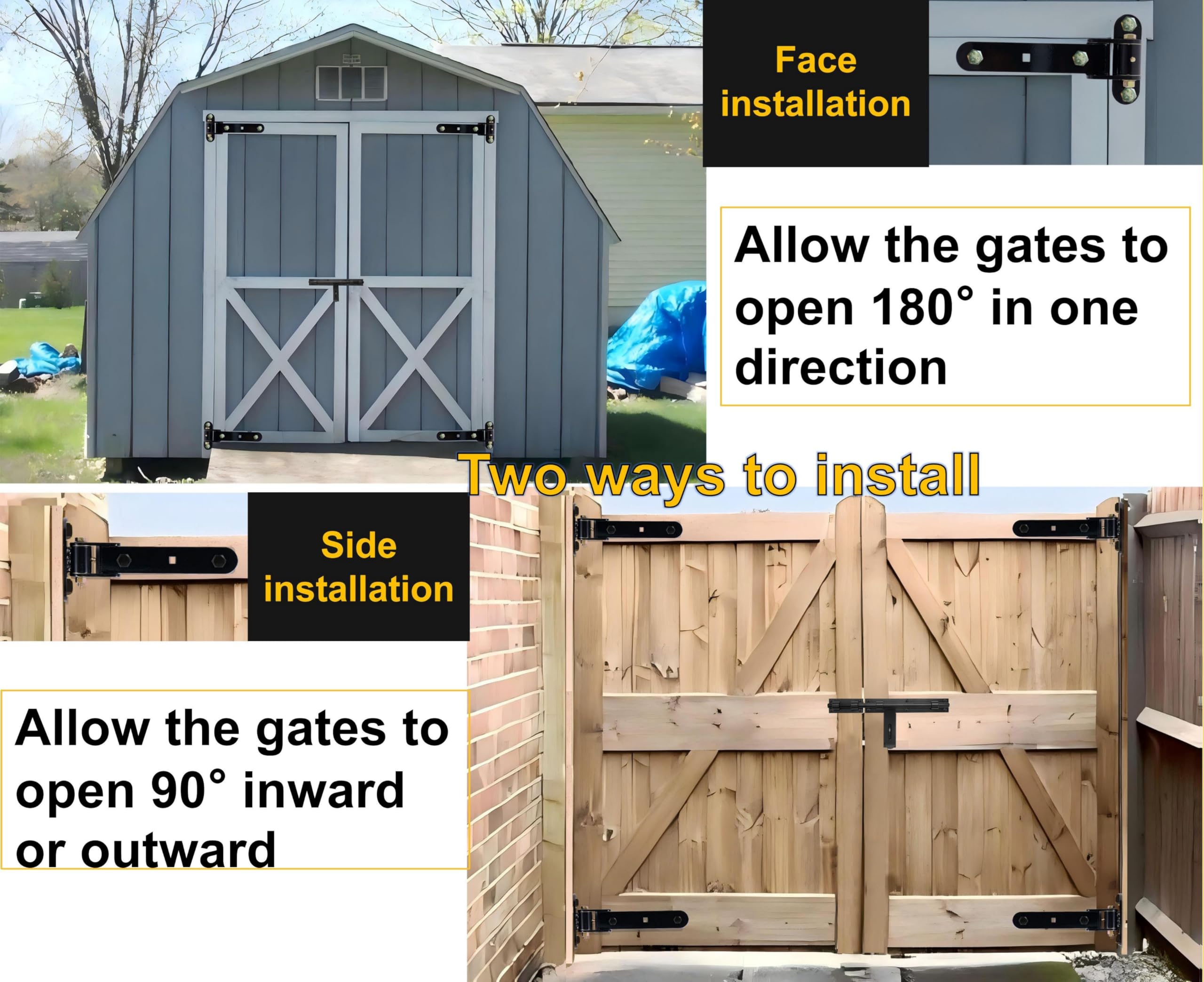 Bisagras de puerta resistentes, 13 pulgadas, capacidad de 900 libras, 180 grados, acero al carbono, atornillables para puertas de madera y metal