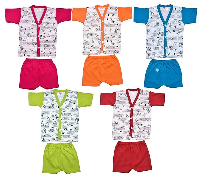 Shyamcollections Baby Boy and Baby Girls Fabulous Collection of Printed Half Sleeves Soft Hosiery Cotton Vests,Jhabla T-Shirt with Shorts Dress for Born Baby Infant Toddler (Set of 5)
