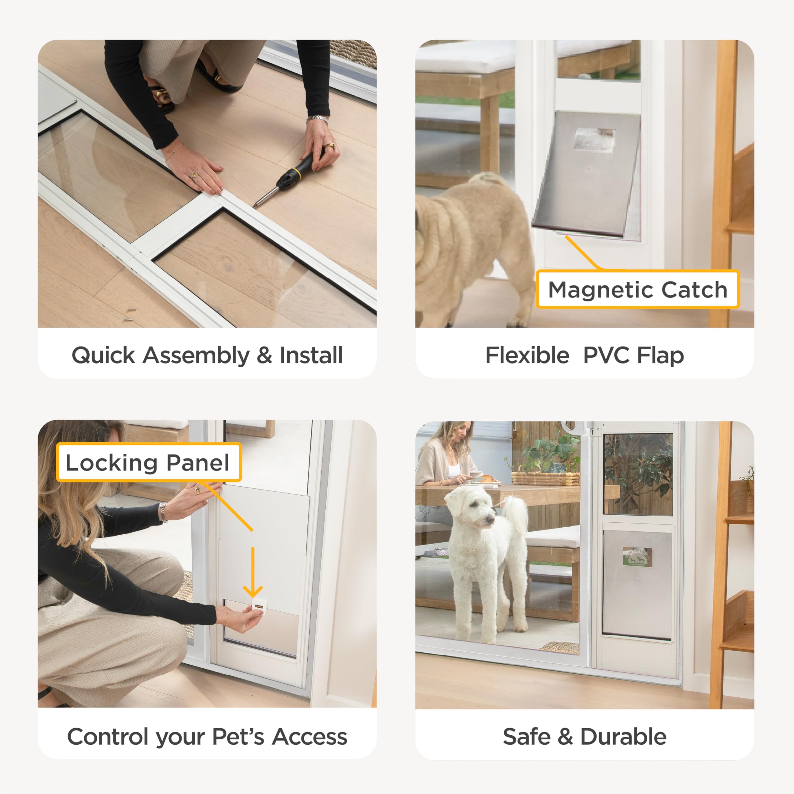 Hakuna Pets Puerta de cristal blanco para patio para mascotas para puertas corredizas de vidrio, grande | Altura ajustable de 77.2 a 83.5 pulgadas, instalación sin daños o permanente, marco de