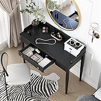 Vista 5 de Escritorio de maquillaje de madera negra que ahorra espacio, mesa moderna para computadora con cajones y asas doradas