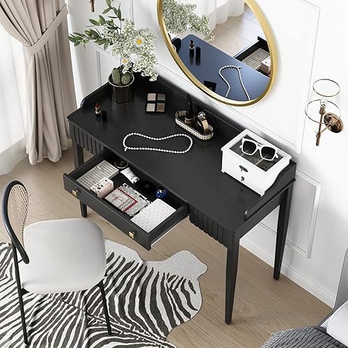 Miniatura 5 de Escritorio de tocador negro moderno para computadora con cajón mesa de maquillaje con mango dorado