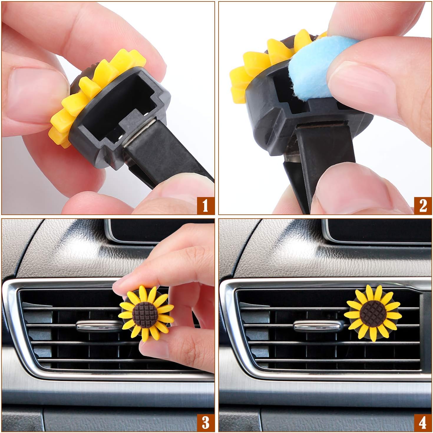 10 Pieces Universal Sunflower Car Accessories Set Include Sunflower Steering Wheel Cover, Cute Sunflowers Keyring, Car Vent Clips and Seat Belt Shoulder Pads (Black Background)
