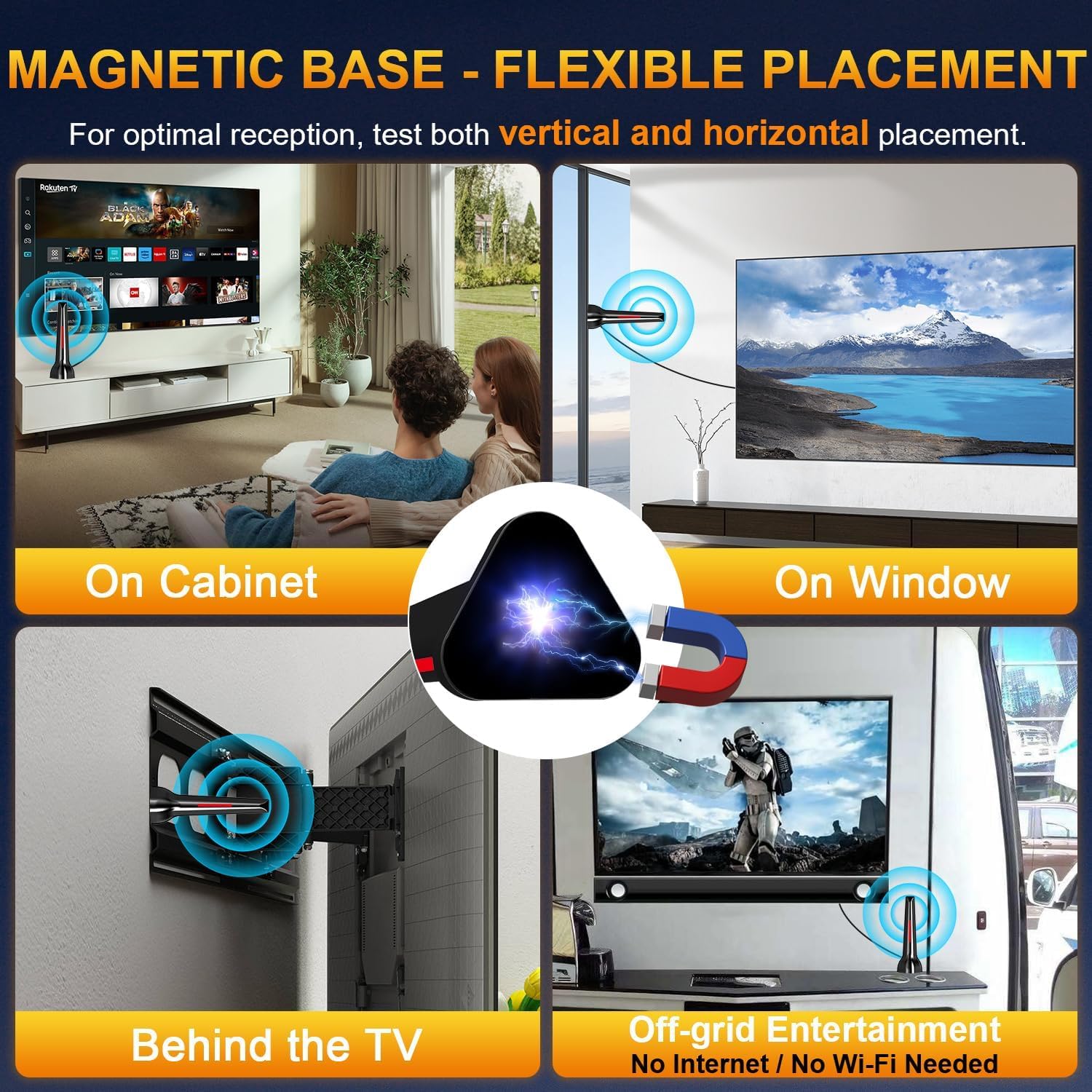 Antena de TV interior para canales locales, antena digital HD para Smart TV interior 4K sin cable, base magnética, recepción de 360°, cable de 2,5 m, largo alcance, decoración roja