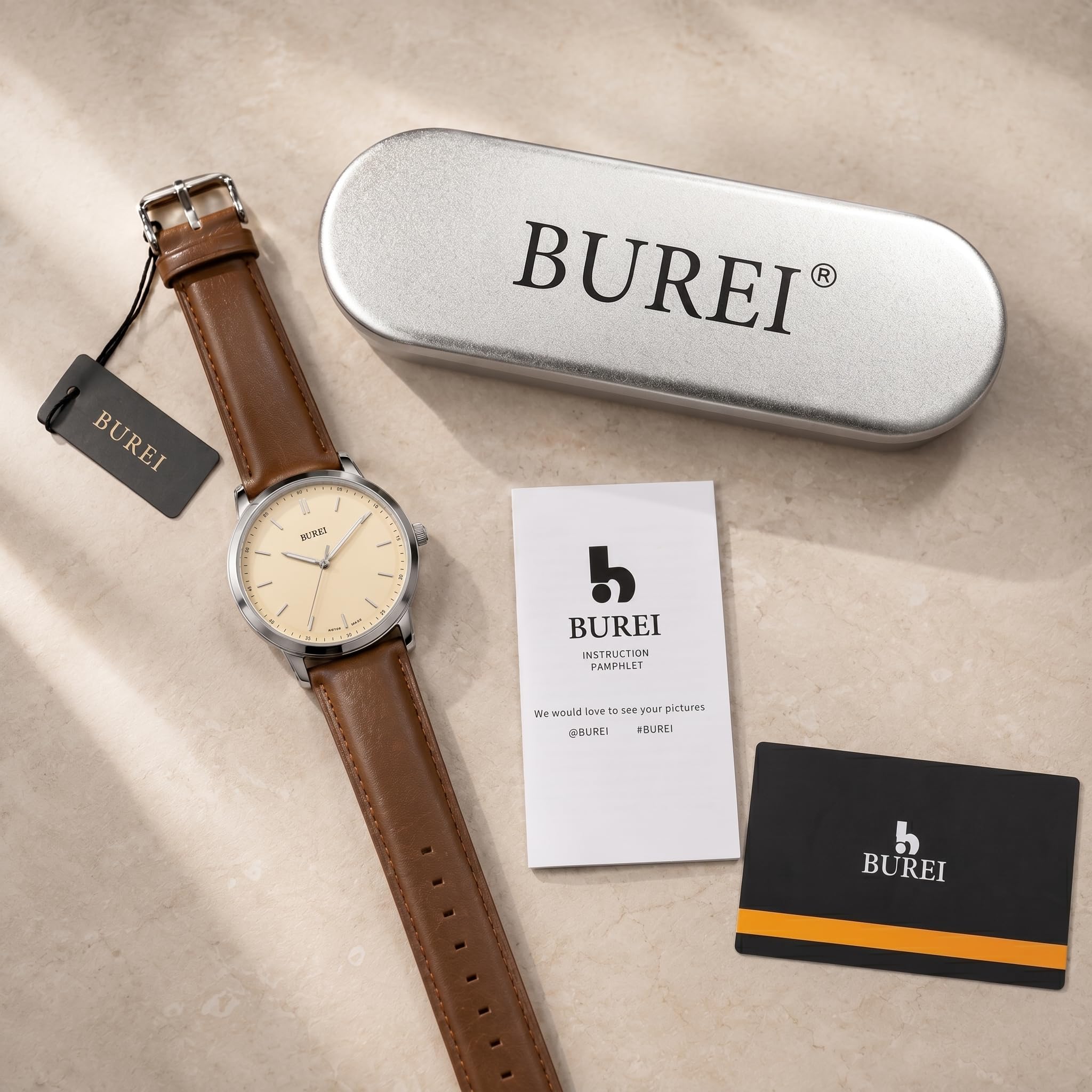 BUREI Relojes de hombre de moda minimalistas relojes de pulsera para hombre de cuero marrón reloj analógico con caja delgada Relojes para hombre (blanco crema y marrón)