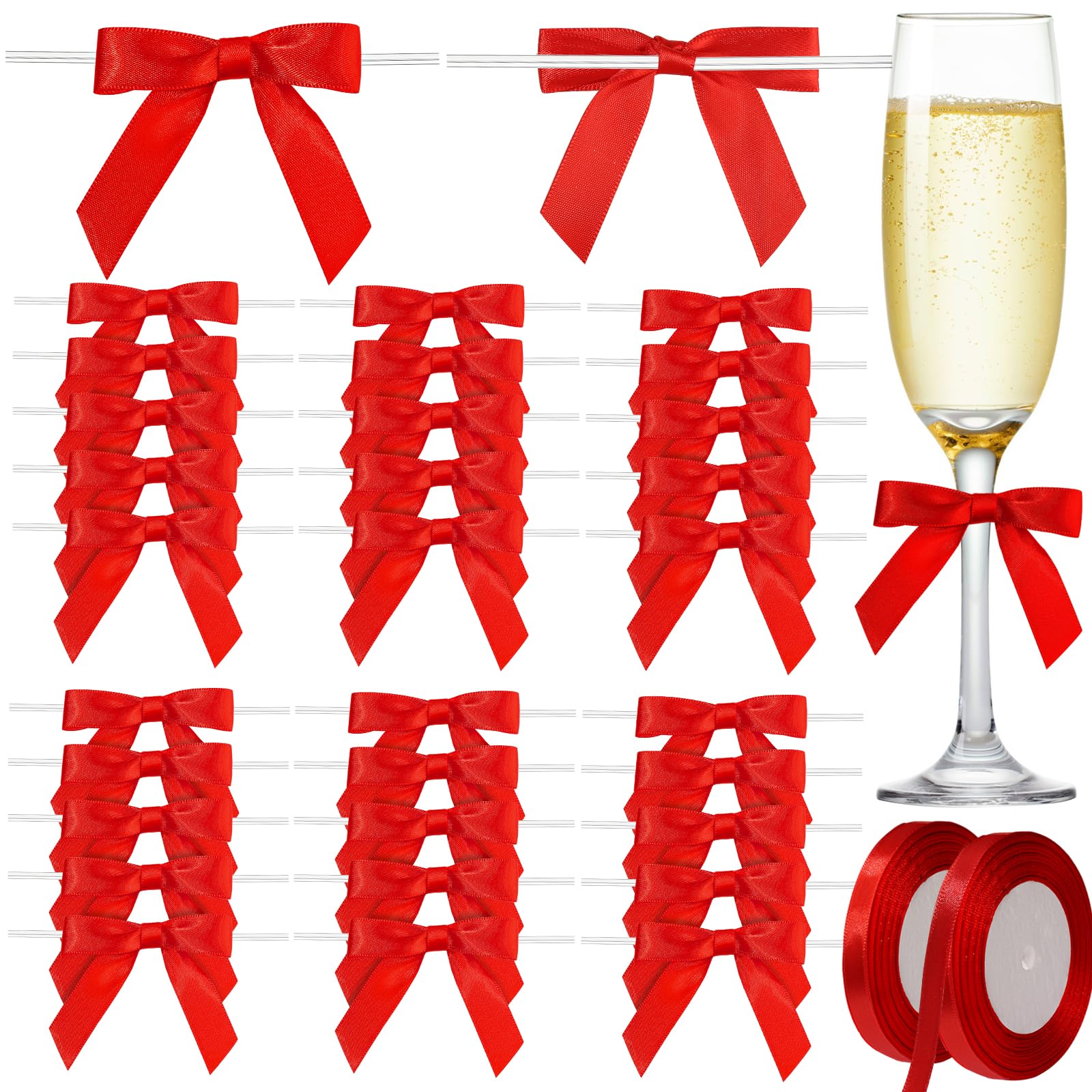 YGDZ Red Bows Satin Ribbon Set, 30PCS 3" Bows for Cake, 2PCS 3/8" X 25 Yards Thin Red Satin Ribbon for Crafts, Treat Bags, Gift Wrapping