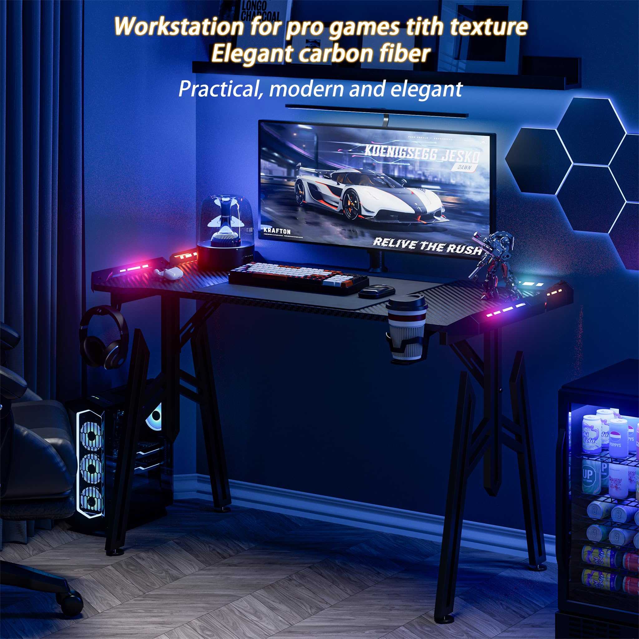 UISEBRT 160x60x73cm Mesa Gaming M-Frame con LED, Mesa de Ordenador con Portavasos y Gancho para Auriculares, Superficie de Fibra de Carbono, Mesa Gaming, Negro, Mesa Ergonómica Gamer para Dormitorio