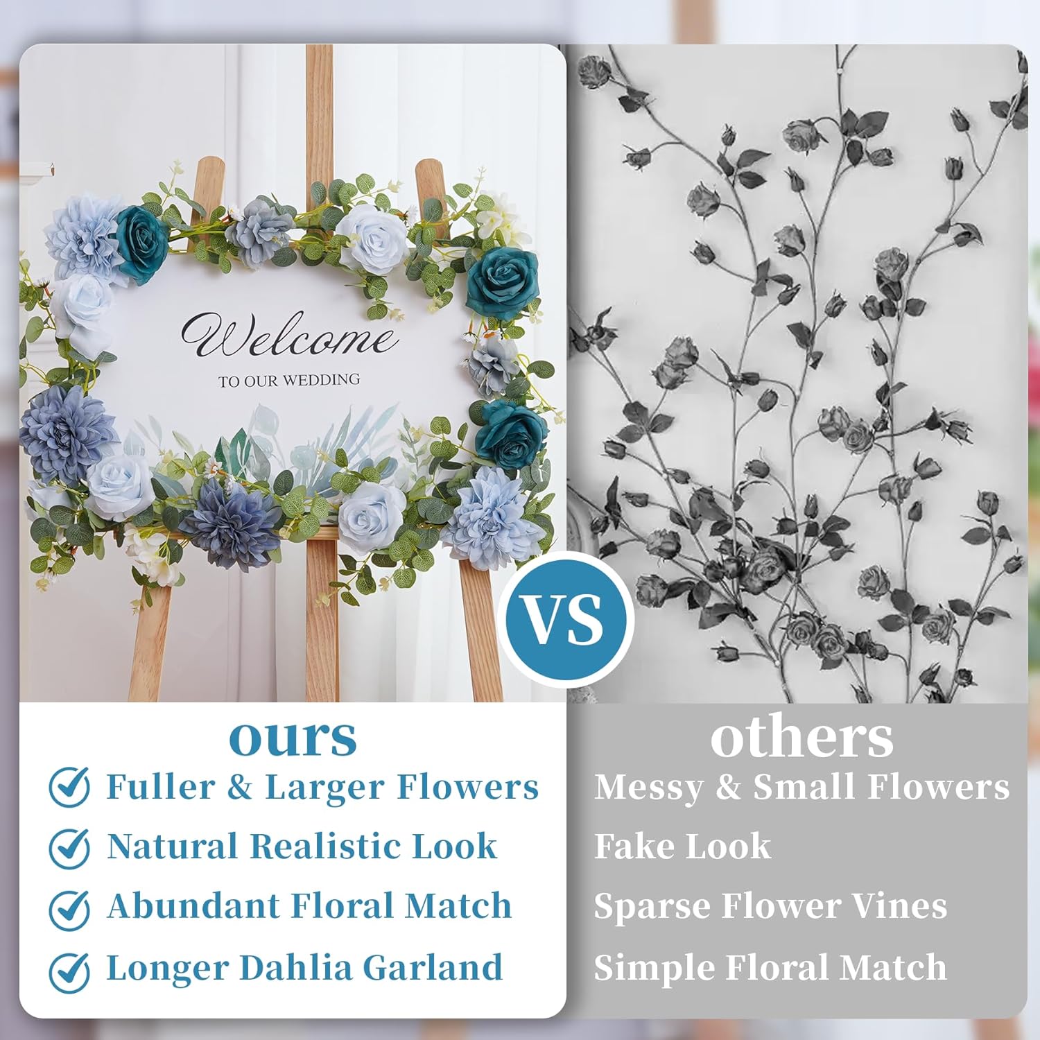 1 Pack Artificial Blue Flower Garland, 6.07Ft Fake Vines,Eucalyptus Garland with Silk Dahlia Rose Hydrangea Peony,Floral Garlands for Birthday Wedding Table Centerpieces Decor