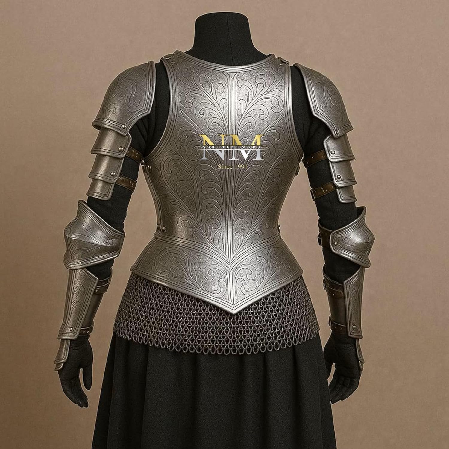 Lady Armor Breastplate with Complete Arm Set- Hand-Etched Steel Breastplate & Articulated Arm Armor Exquisite Engraved Full Cuirass & Bracers Set for Cosplay, LARP, and Renaissance Fairs