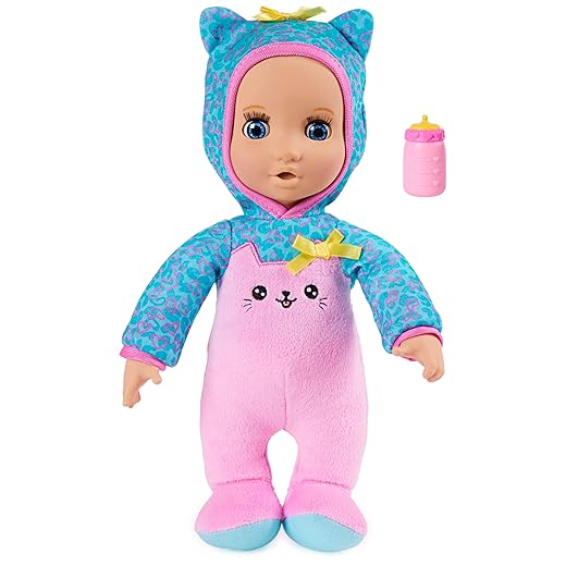 Luvabella Luvzies, Kitten Onesie 11-inch Cuddly Baby Doll with Bottle Accessory, for Kids Aged 4 and up
