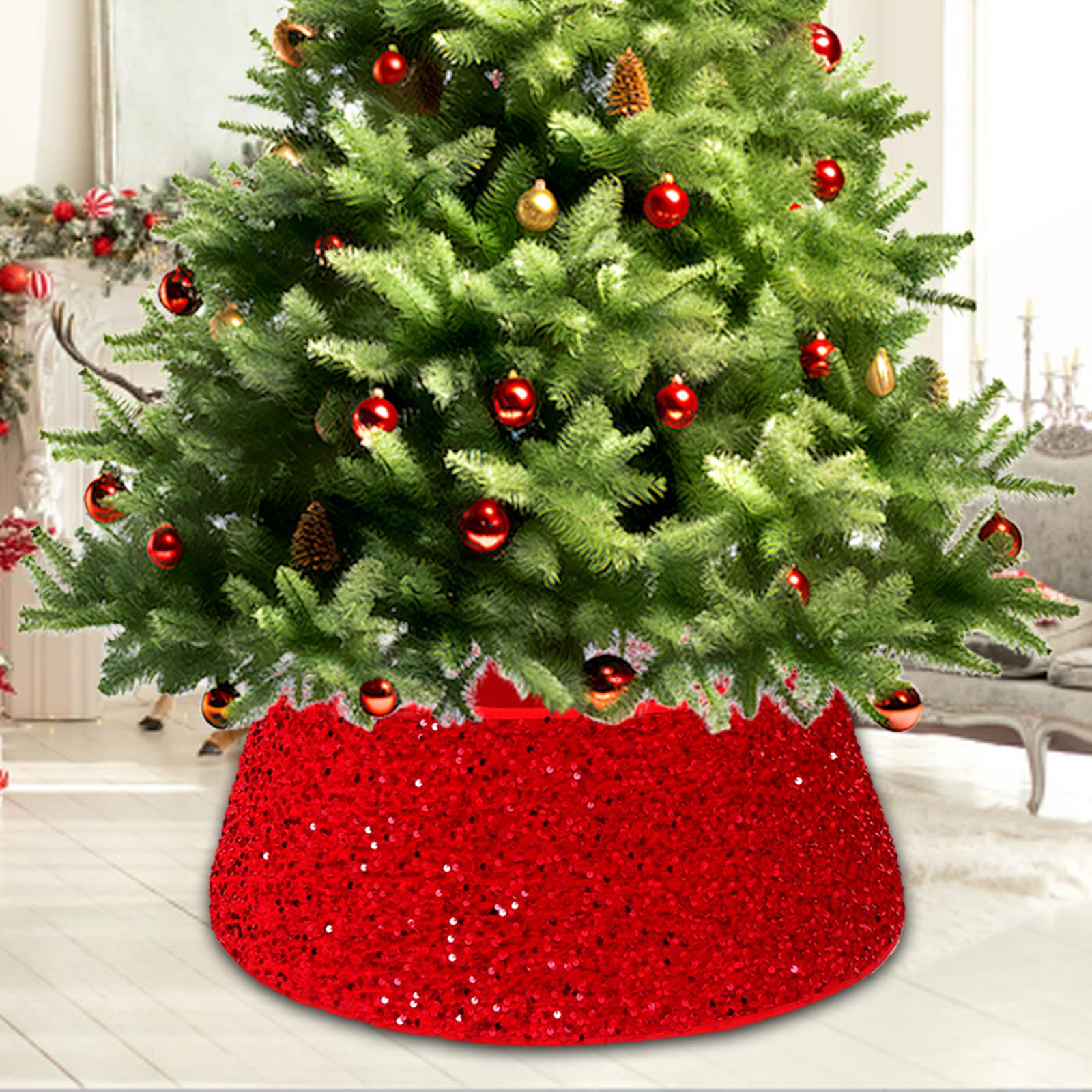 Gonna Per Albero Di Natale 60 cm - Decorazioni Glitter Rosso, Collare e Base Per Cestino - Copertura Per Feste a Casa e Vacanze