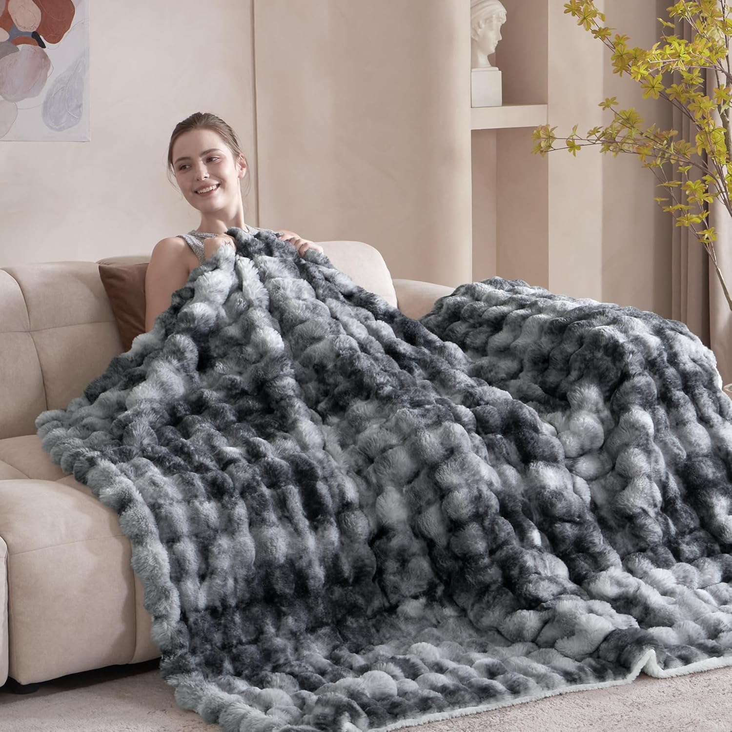 50x60 Inches Ultra-Soft Fuzzy Faux Fur Plush Throw Blanket - Thick, Warm Sherpa for Couch, Sofa, Bedroom, Camping - Decorative Blanket for Cozy Warmth, Bubble Light Grey Tie Dye - Image 2