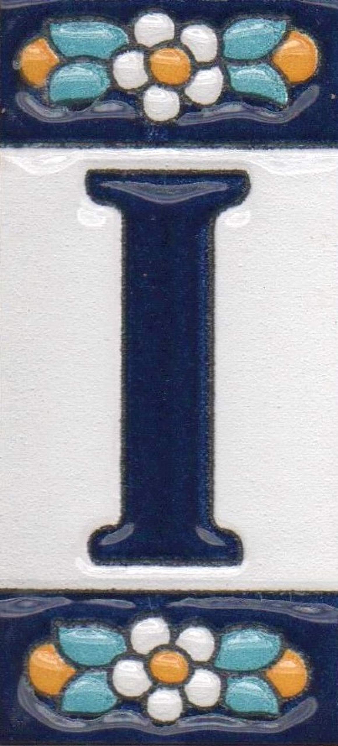 Ceramic House Tile Numbers & Letters, Blue Floral Design, Tile Size: 7.5cm x 3.5cm (Letter I)