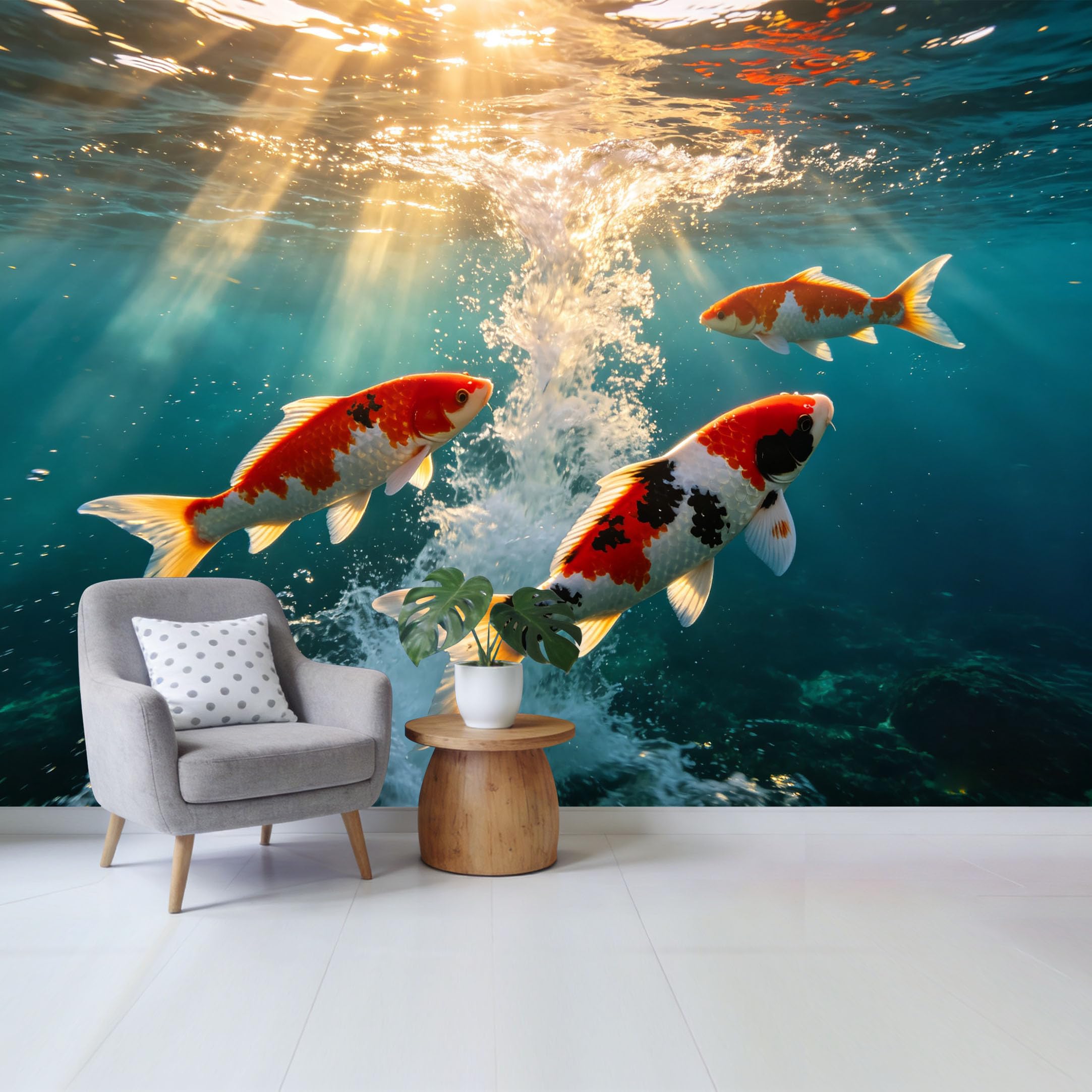 Qzlithotic Yq2605250259 Custom Size Wall Mural Koi Fish Swimming Underwater Tropical Marine Sunlight Rays 3D Effect Selfadhesive Wall Fabric Removable Wallpaper For Home Office Decor